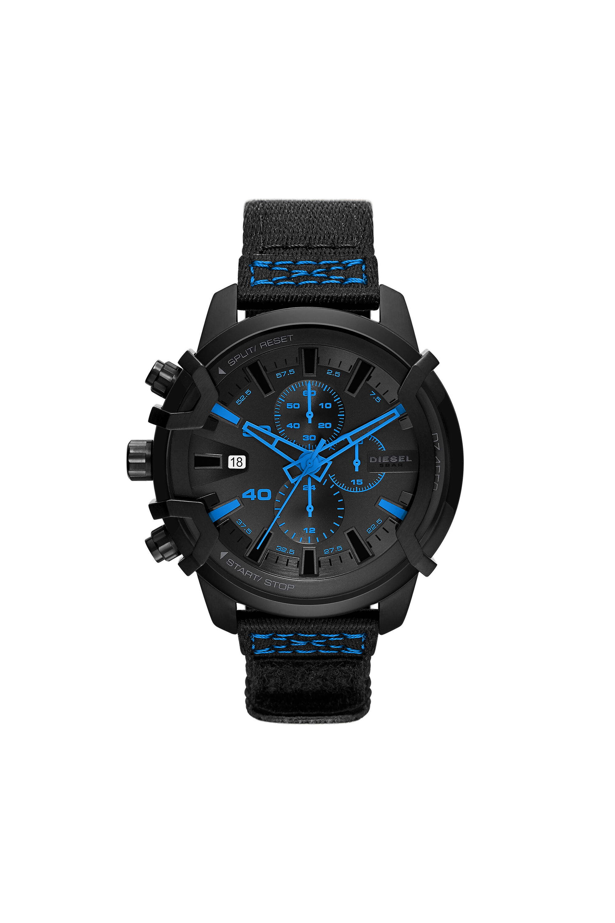 Diesel - DZ4553, Man's Griffed chronograph matte black nylon watch in Black/Blue - 1
