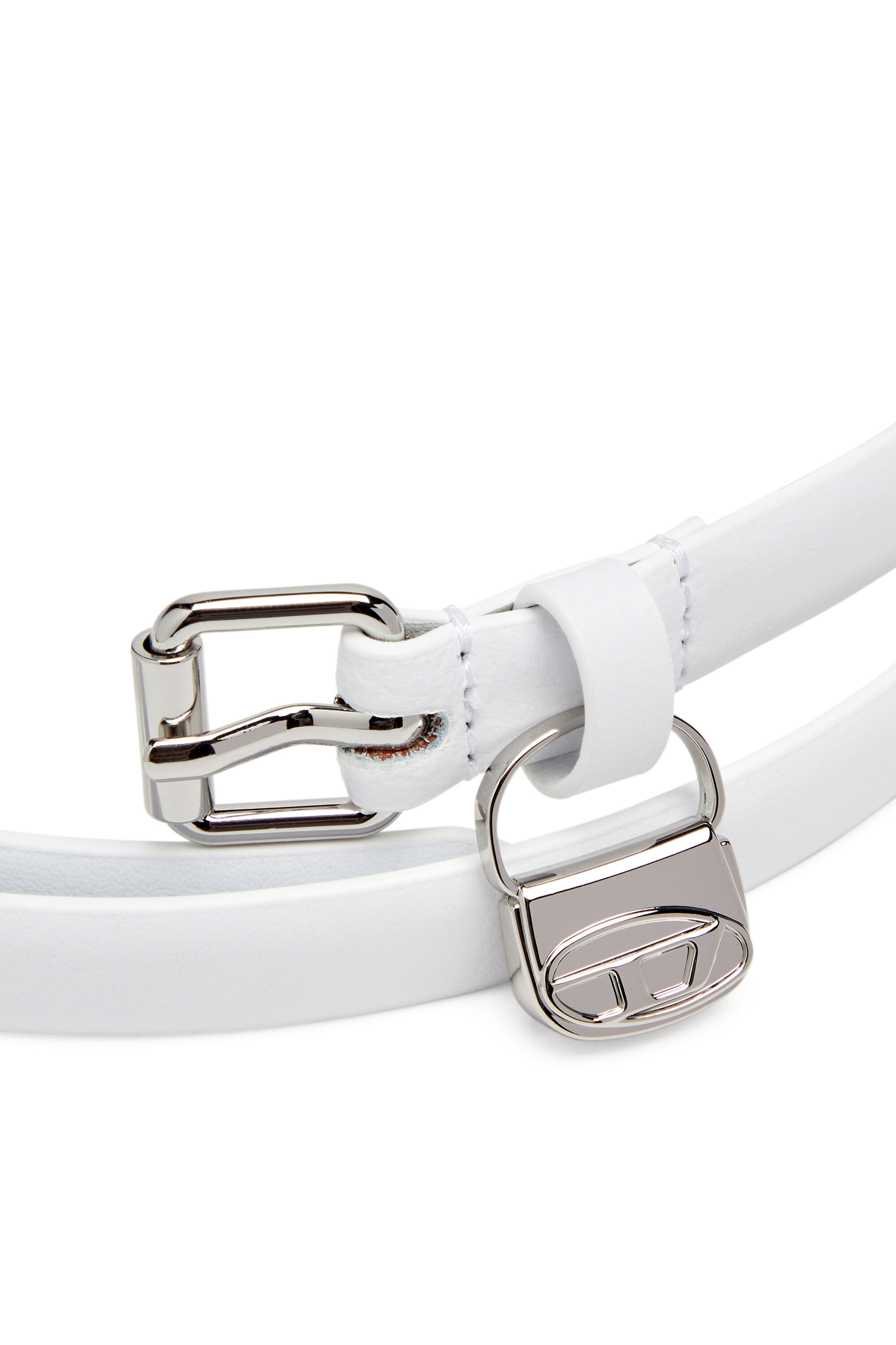 Diesel - B-CHARM HIP, Woman's 1.4cm slim leather belt with 1DR bag charm in White - 3