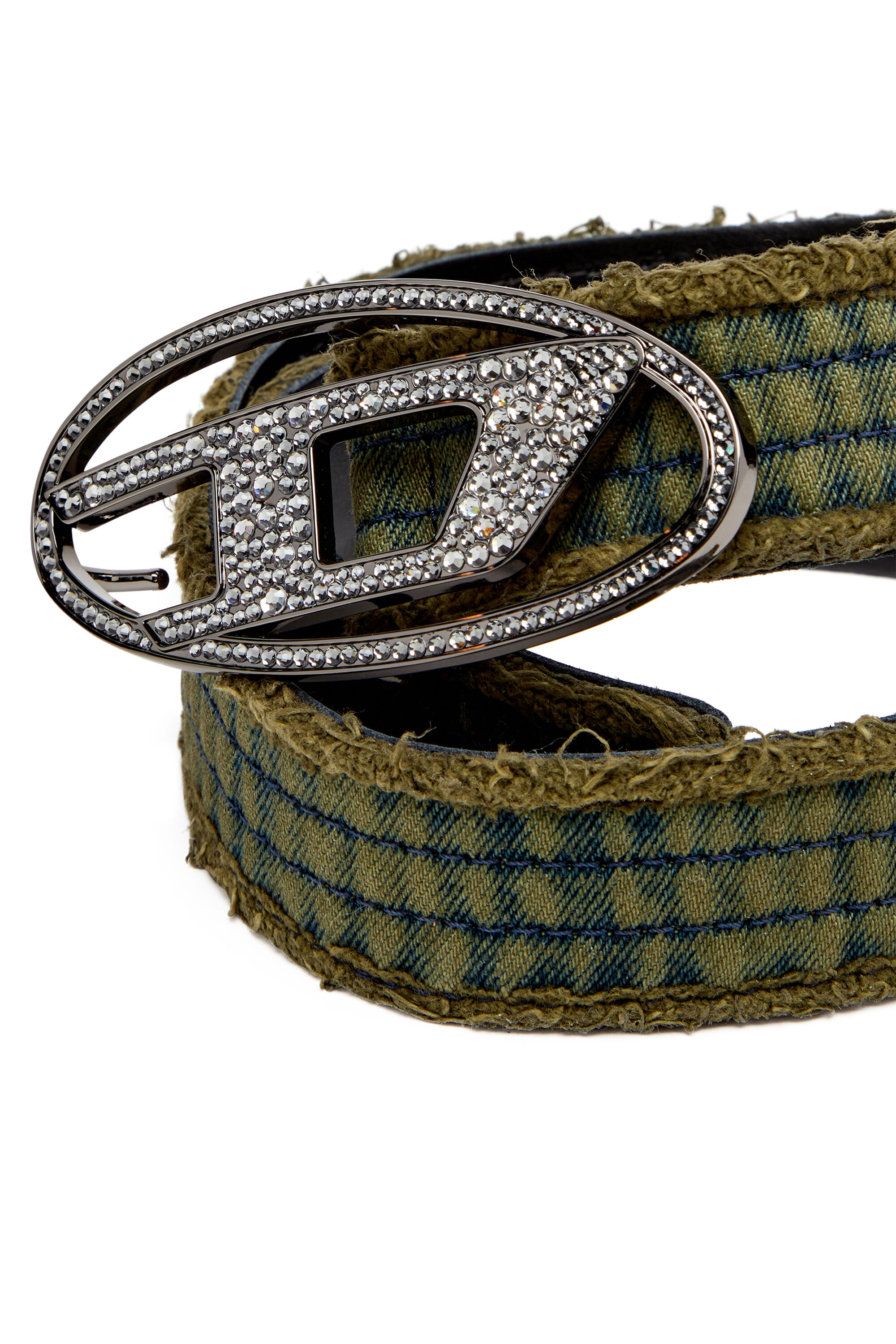 Diesel - B-1DR STRASS, Woman's 3.9cm denim and leather belt with crystal buckle in Military Green - 3