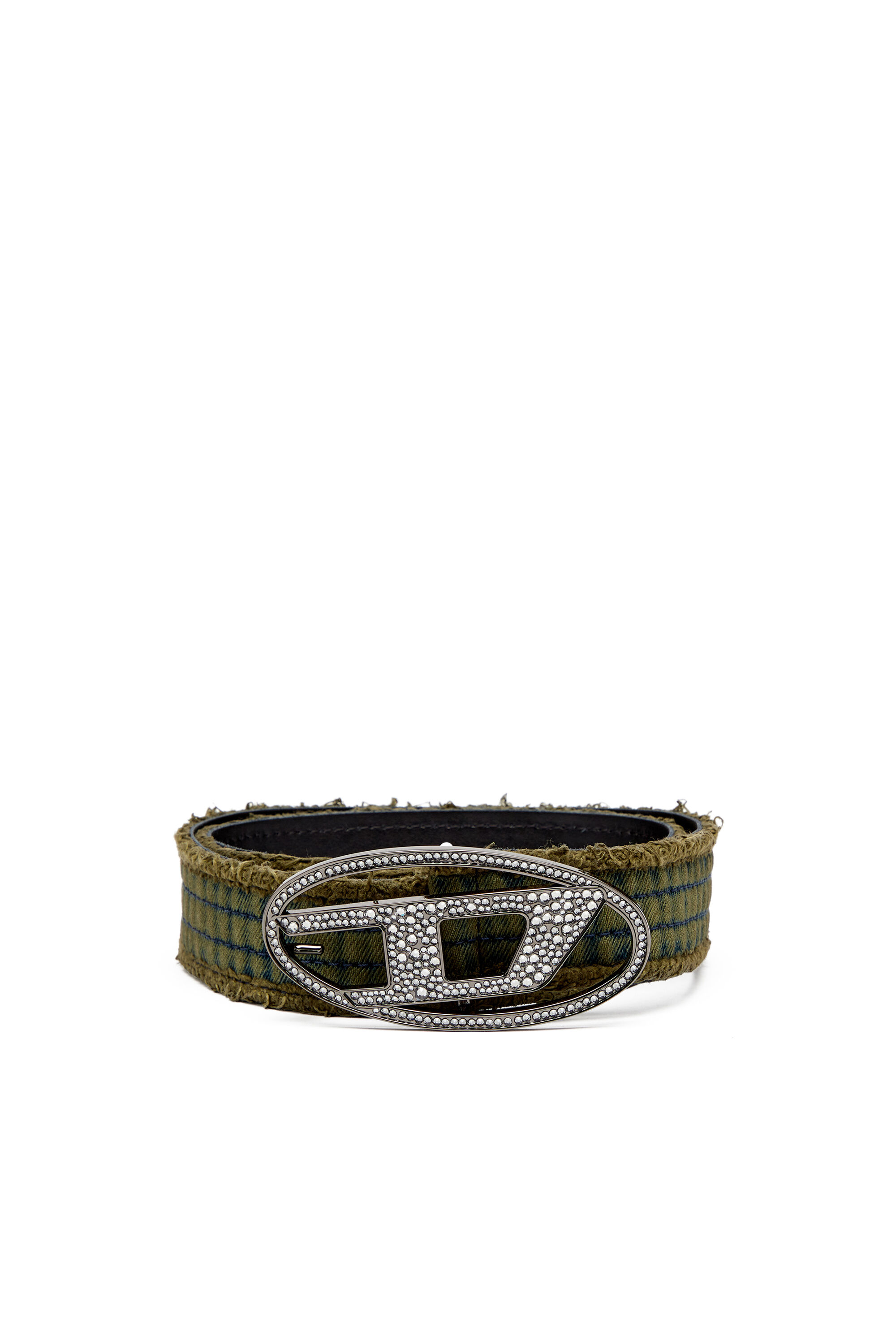 Diesel - B-1DR STRASS, Woman's 3.9cm denim and leather belt with crystal buckle in Military Green - 1
