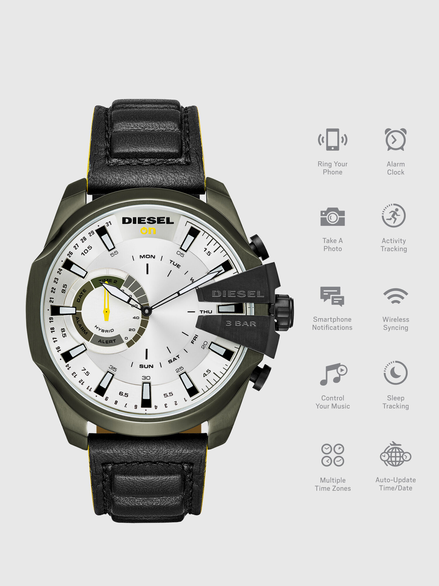 Diesel - DT1012, Man's Mega Chief Hybrid olive case black smartwatch, 48 mm in Black - 1