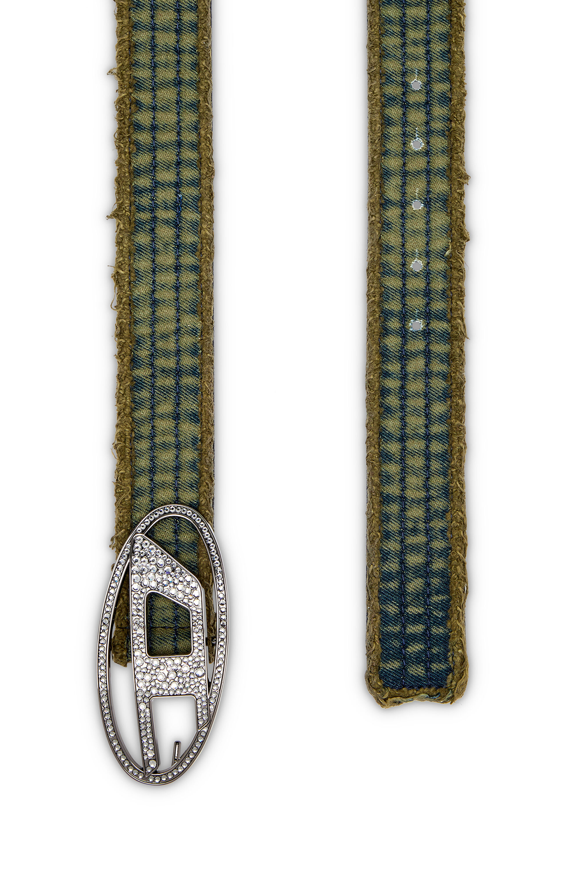 Diesel - B-1DR STRASS, Woman's 3.9cm denim and leather belt with crystal buckle in Military Green - 2