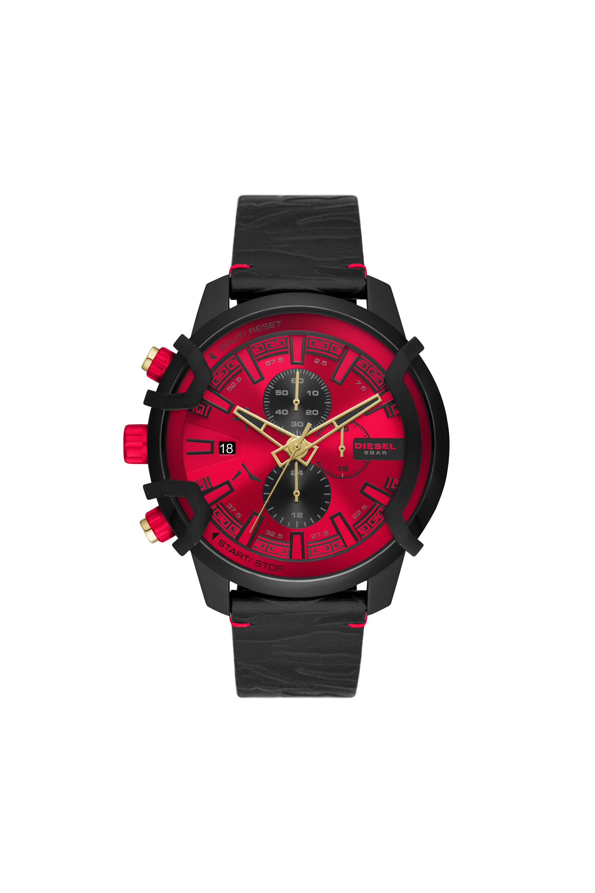 Diesel - DZ4583, Man's Griffed Chronograph Leather Watch in Black/Red - 1