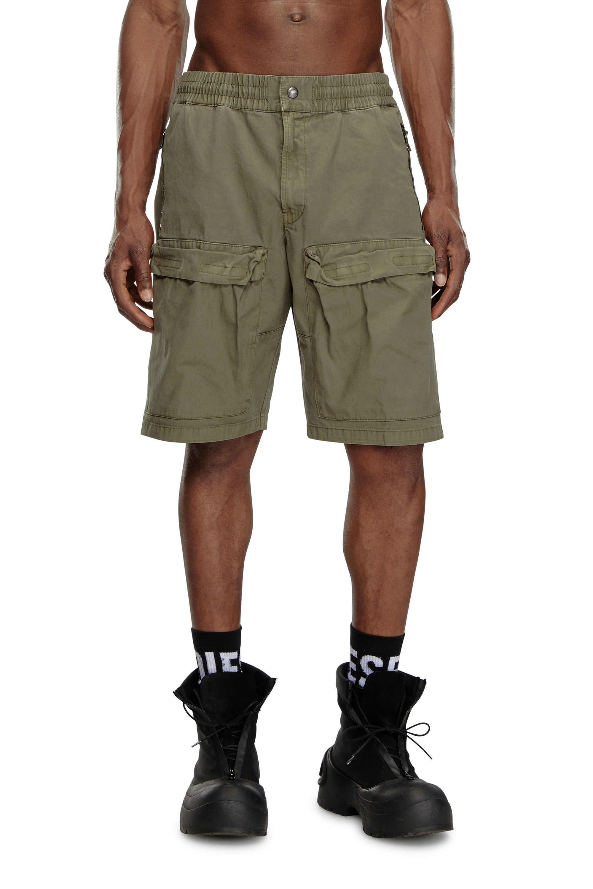 Diesel - P-BEECK-SHORT, Man's Cargo shorts in faded organic cotton in Green - 3