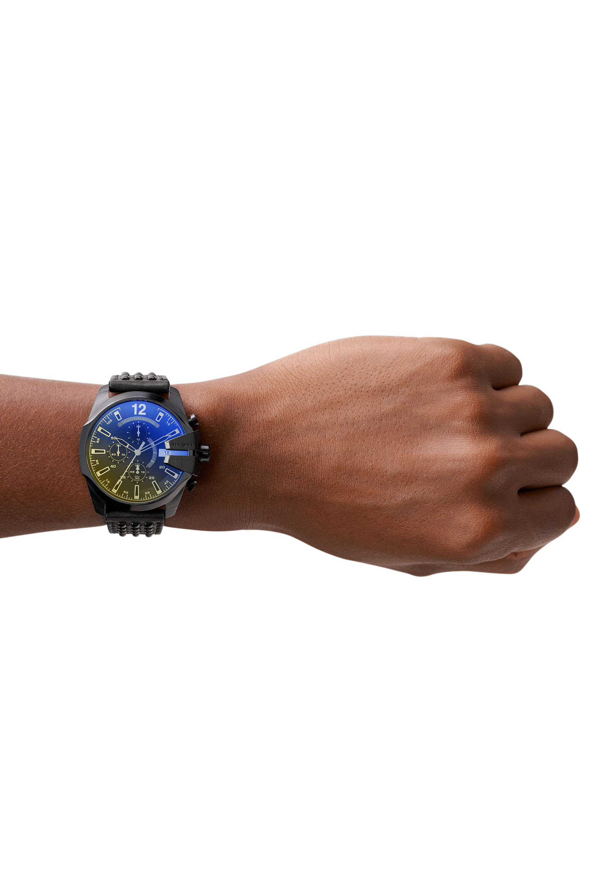 Diesel - DZ4567, Man's Baby Chief chronograph black leather watch in Black/Yellow - 4