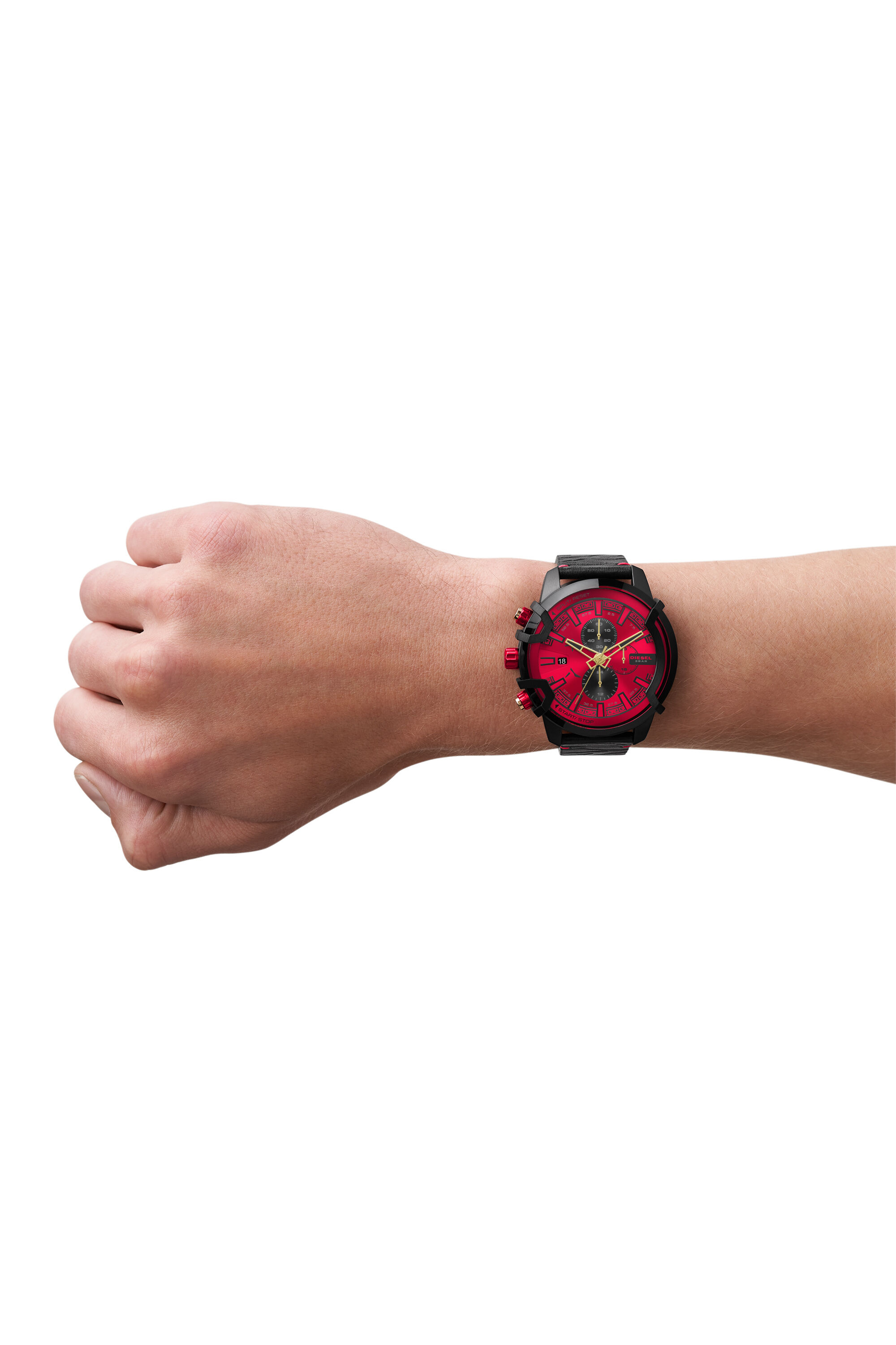 Diesel - DZ4583, Man's Griffed Chronograph Leather Watch in Black/Red - 5