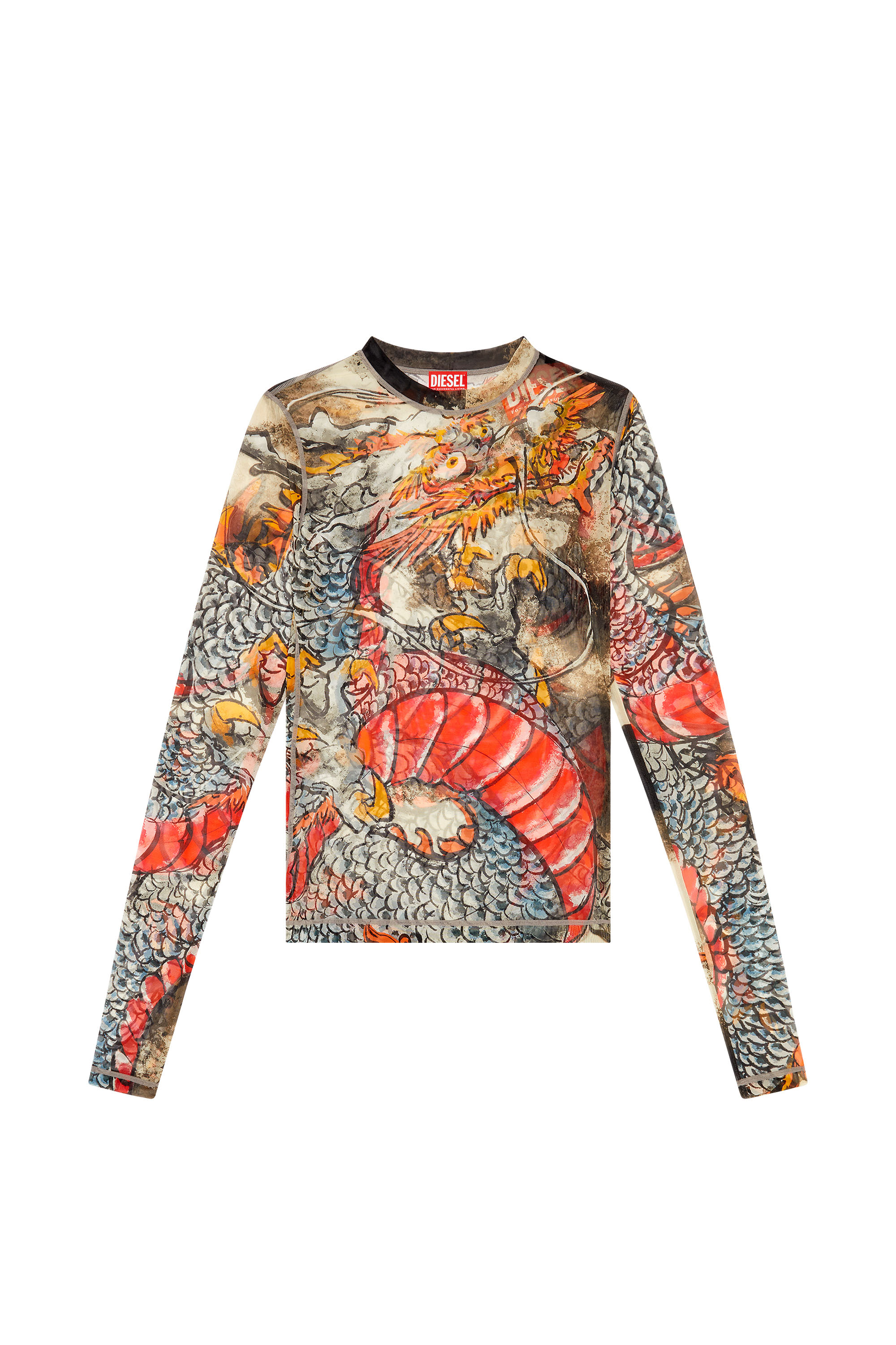 Diesel - CL-T-SIELAR-DRAGON, Unisex's Mesh top with Dragon print in Beige/Red - 4