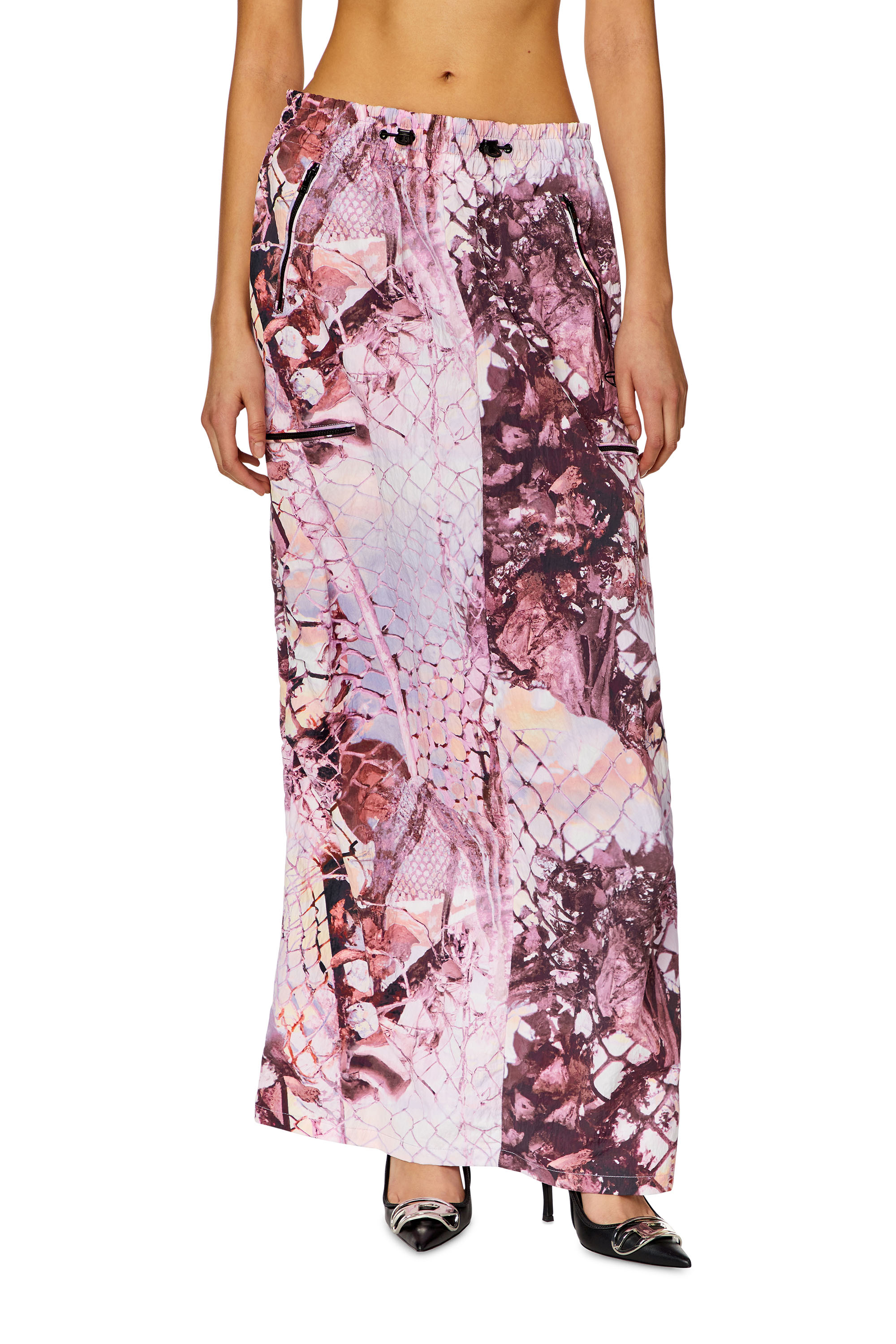Diesel - O-DIAMY-N1, Woman's Long skirt in printed crinkled nylon in Lilac - 1
