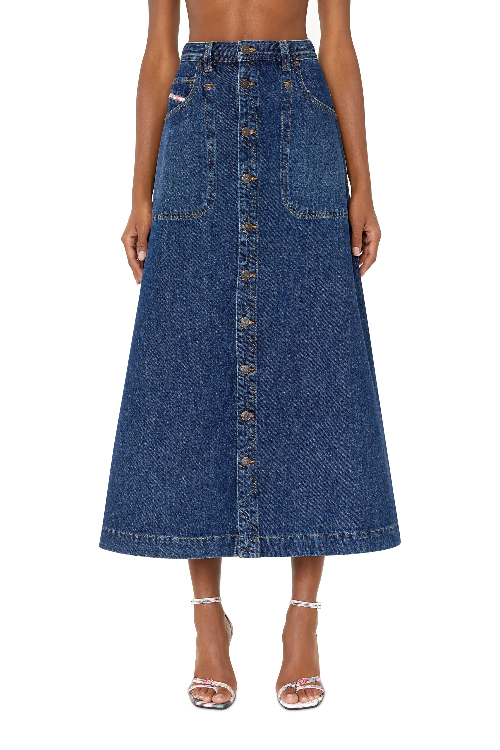 Diesel - DE-ALBUS-L A-LINE LONG SKIRT, Woman's A-line skirt in denim in Dark Blue - 1