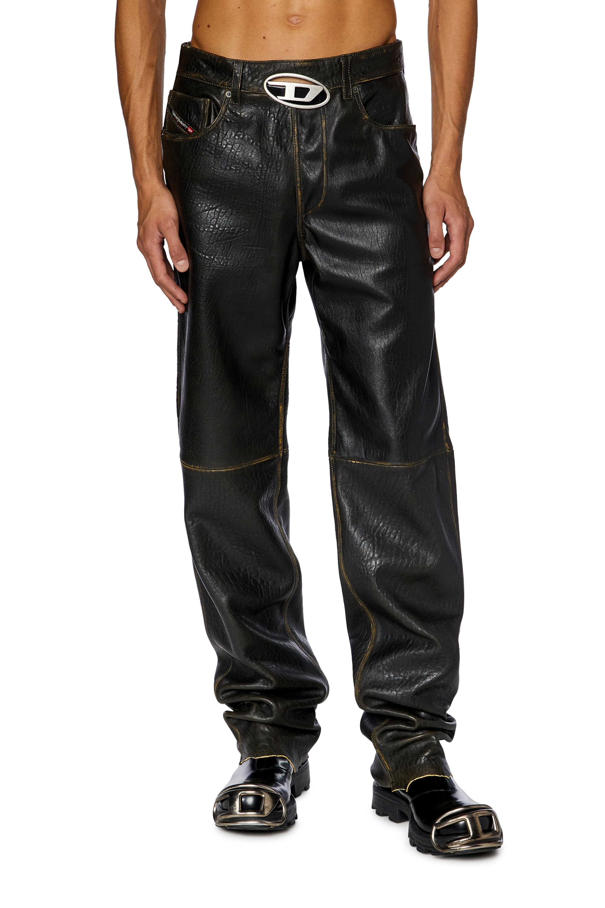 Diesel - P-KOOMAN, Man's Textured leather pants with logo cut-out in Brown - 2