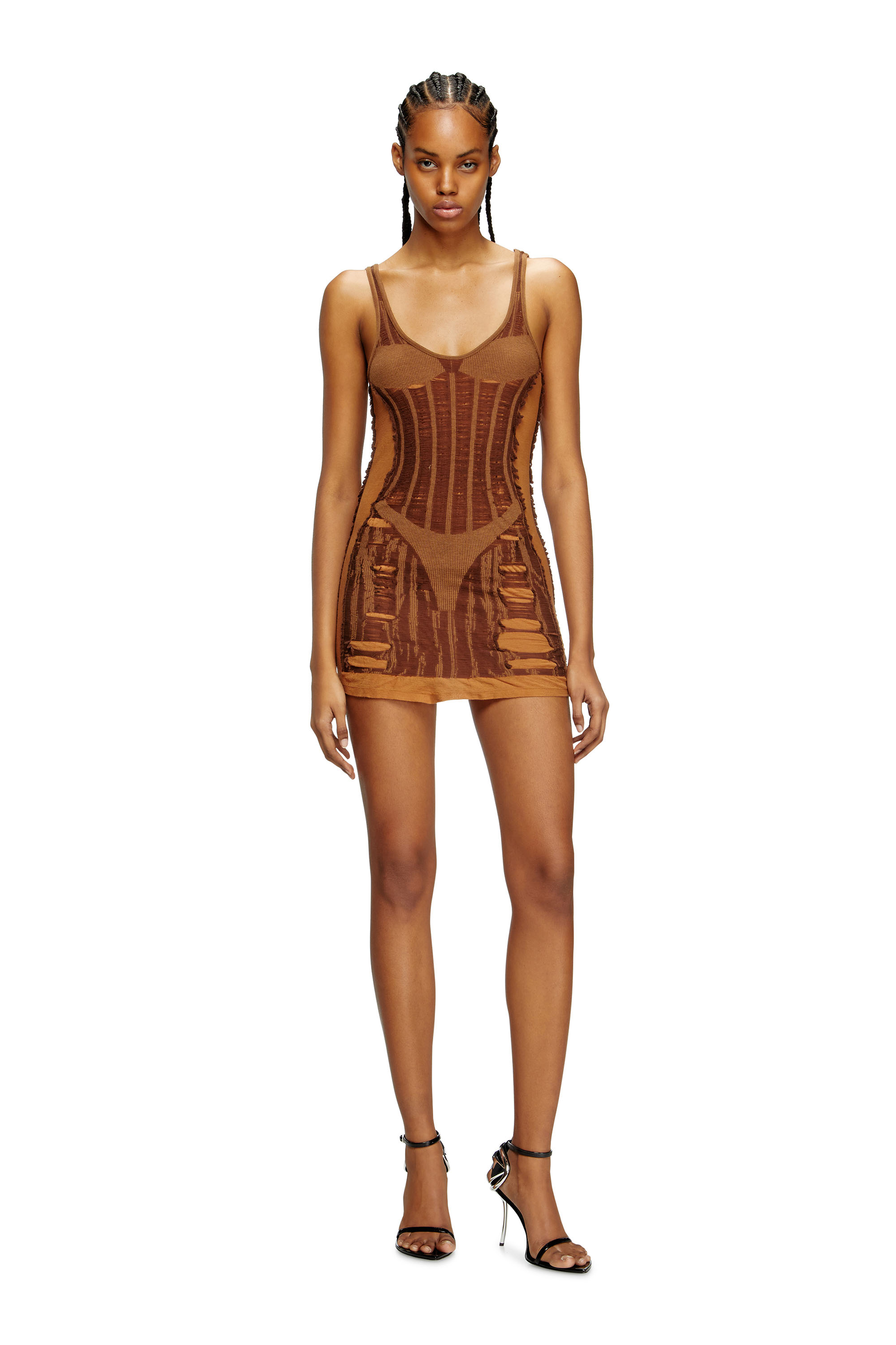 Diesel - M-CALIMERA-SHORT, Woman's Mini dress in distressed second-skin knit in Brown - 1