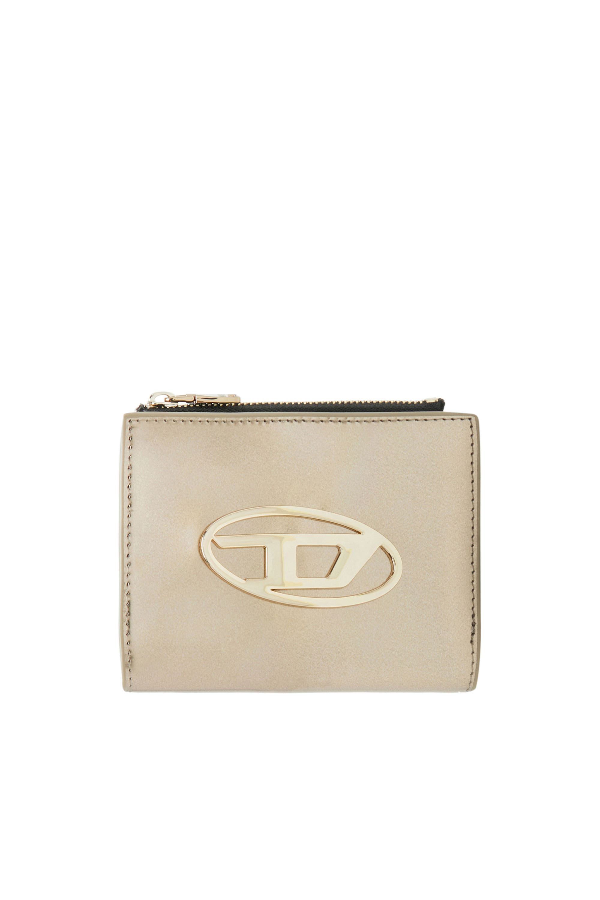 Diesel - BI-FOLD ZIP, Woman's Small wallet in metallic leather in Beige - 1