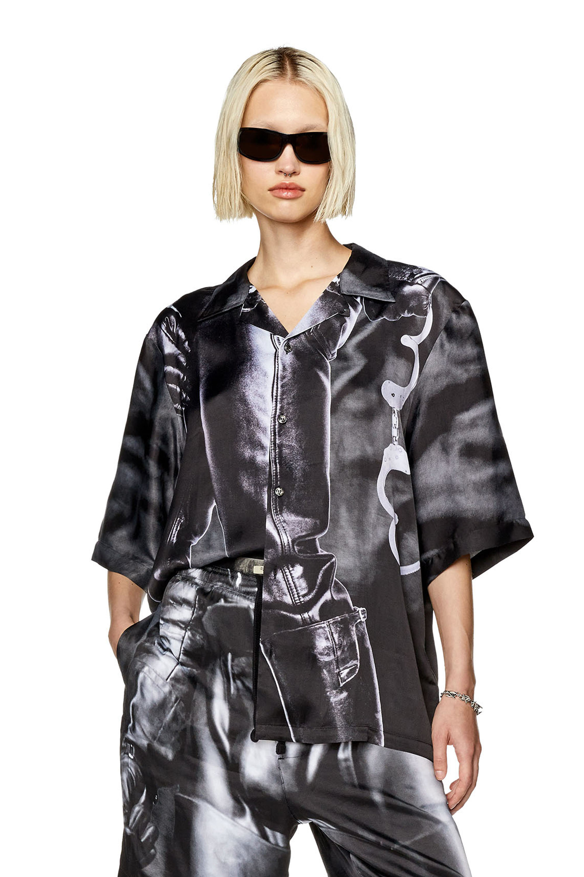 Diesel - PR-S-MEC-23, Unisex's Bowling shirt with black print in Black - 1