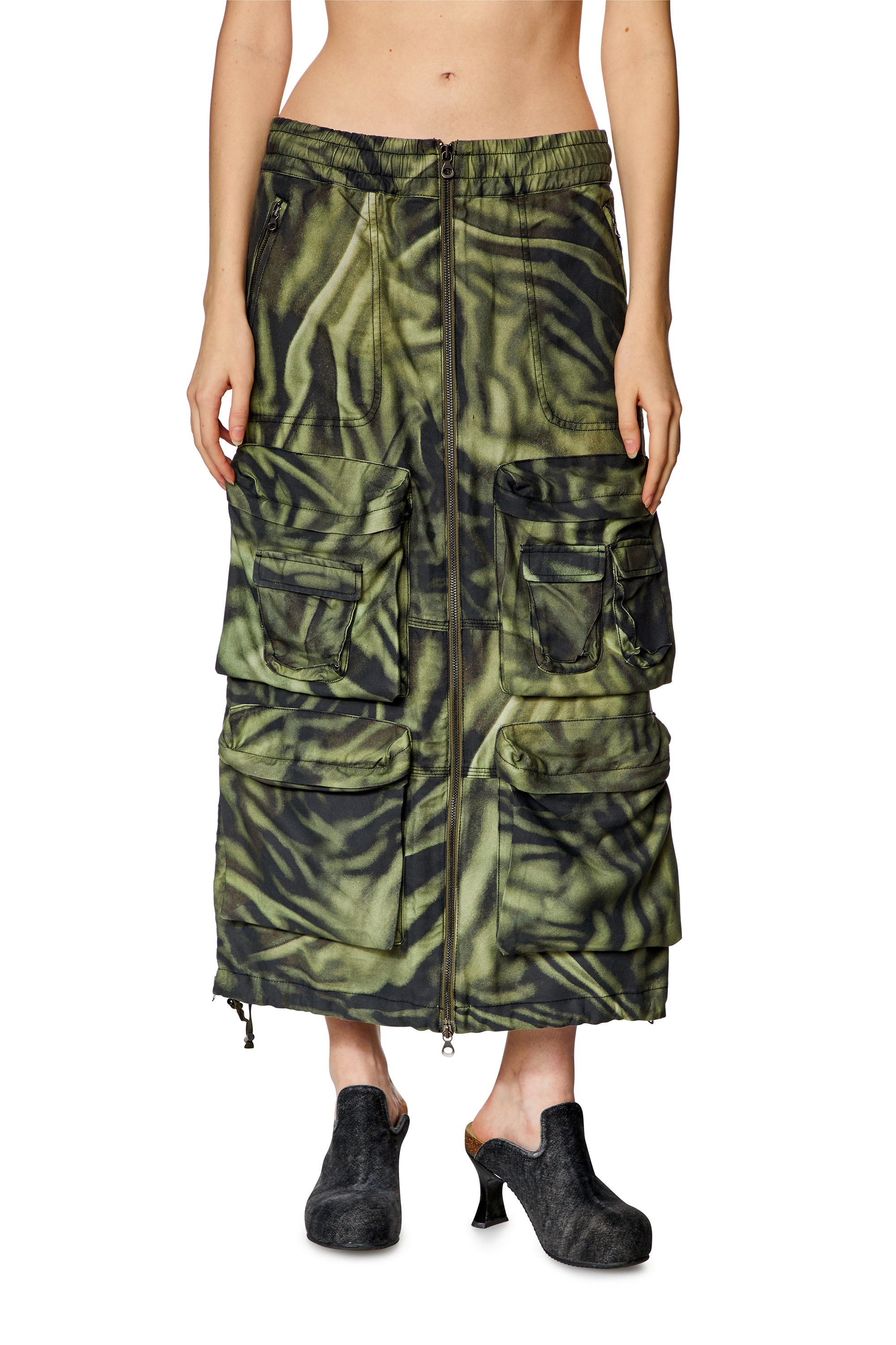 Diesel - O-MIRTOW, Woman's Long cargo skirt with zebra-camo print in Green/Black - 1