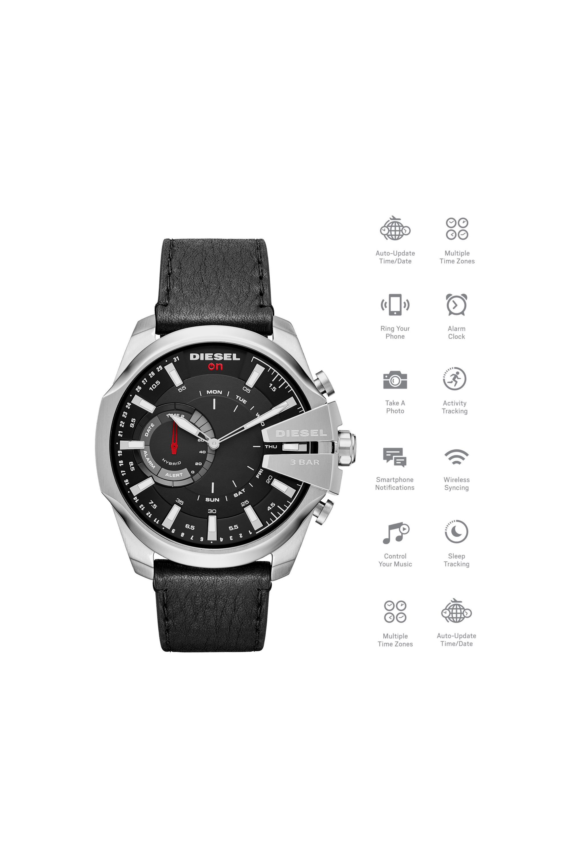 Diesel - DT1010, Man's Mega Chief Hybrid black smartwatch with silver indexes, 48 mm in Black - 1