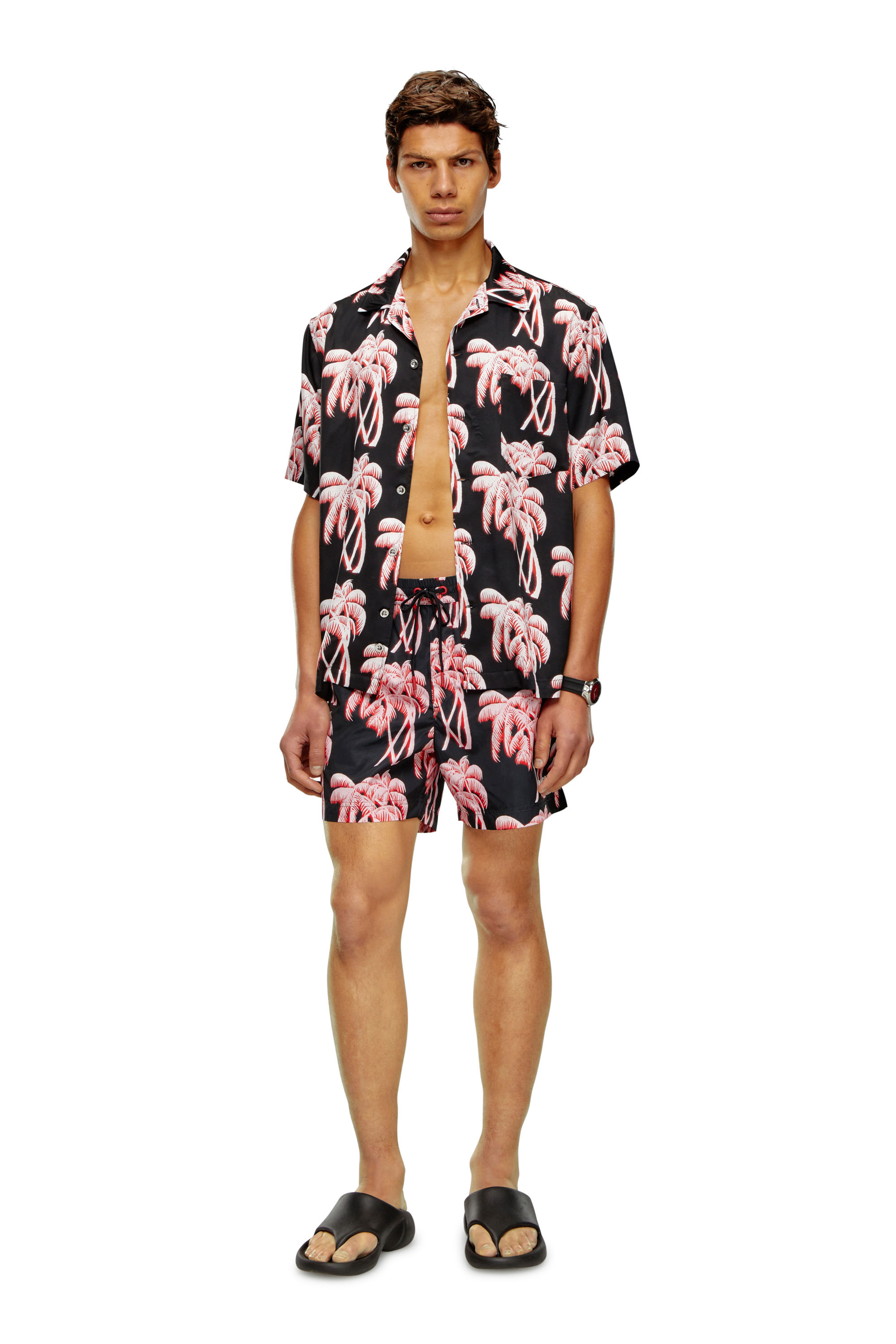 Diesel - BMOWT-ADRIAN, Man's Beach shirt with palm trees print in Black/Pink - 2