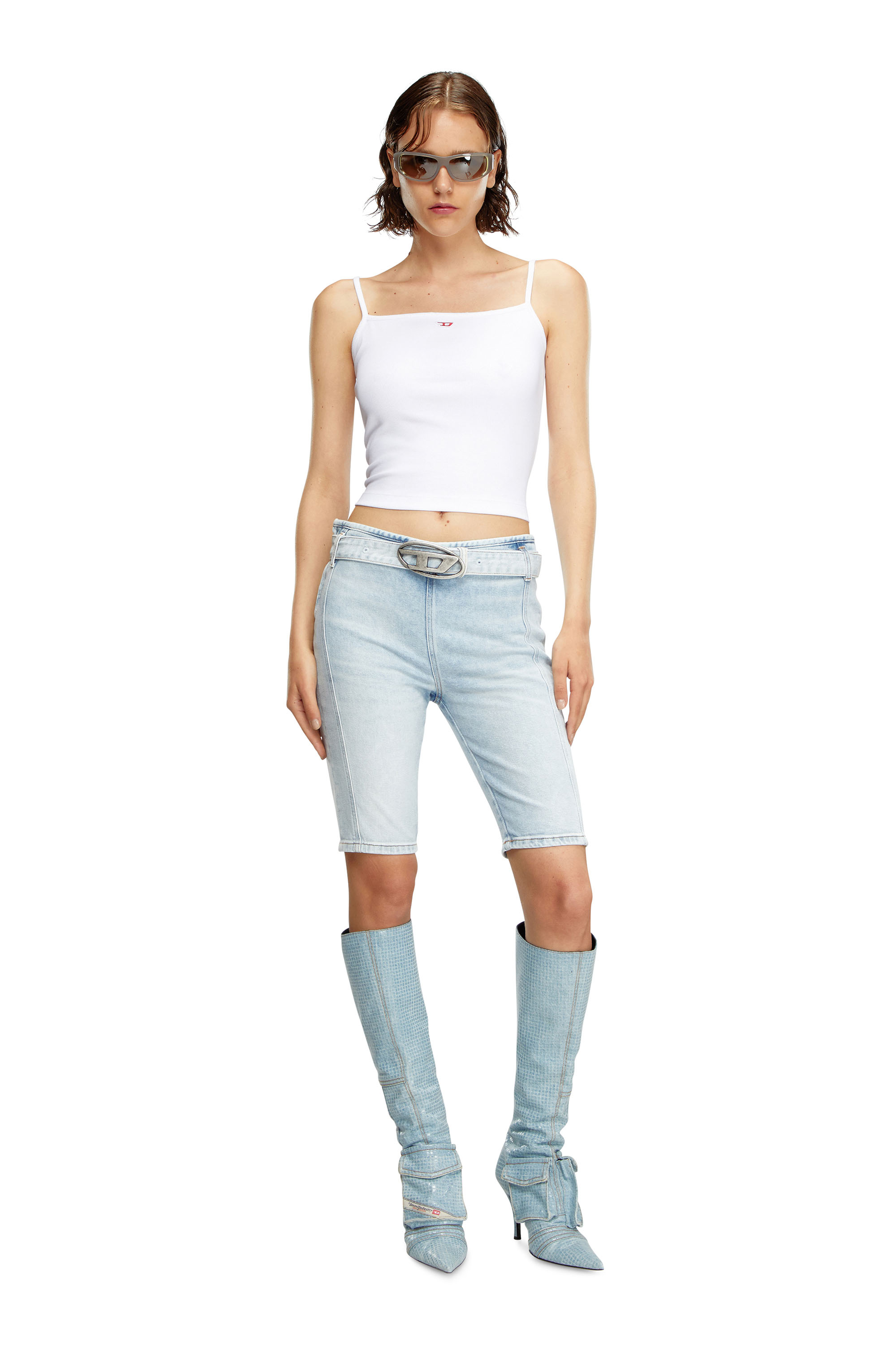 Diesel - DE-GINNY-S, Woman's Denim shorts with logo belt in Light Blue - 2