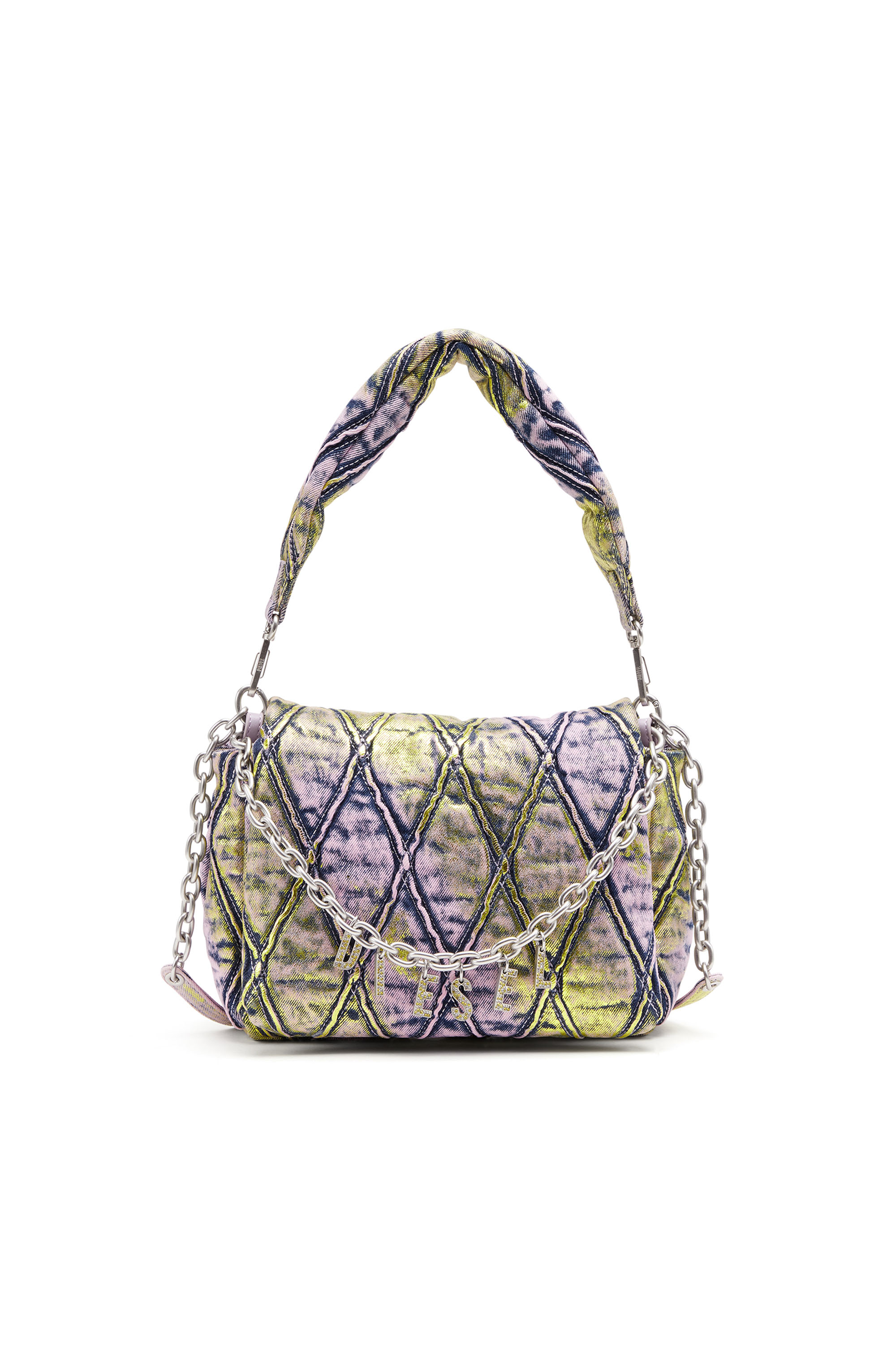 Diesel - CHARM-D SHOULDER M, Woman's Charm-D M-Shoulder bag in shimmering quilted denim in Pink/Yellow - 1