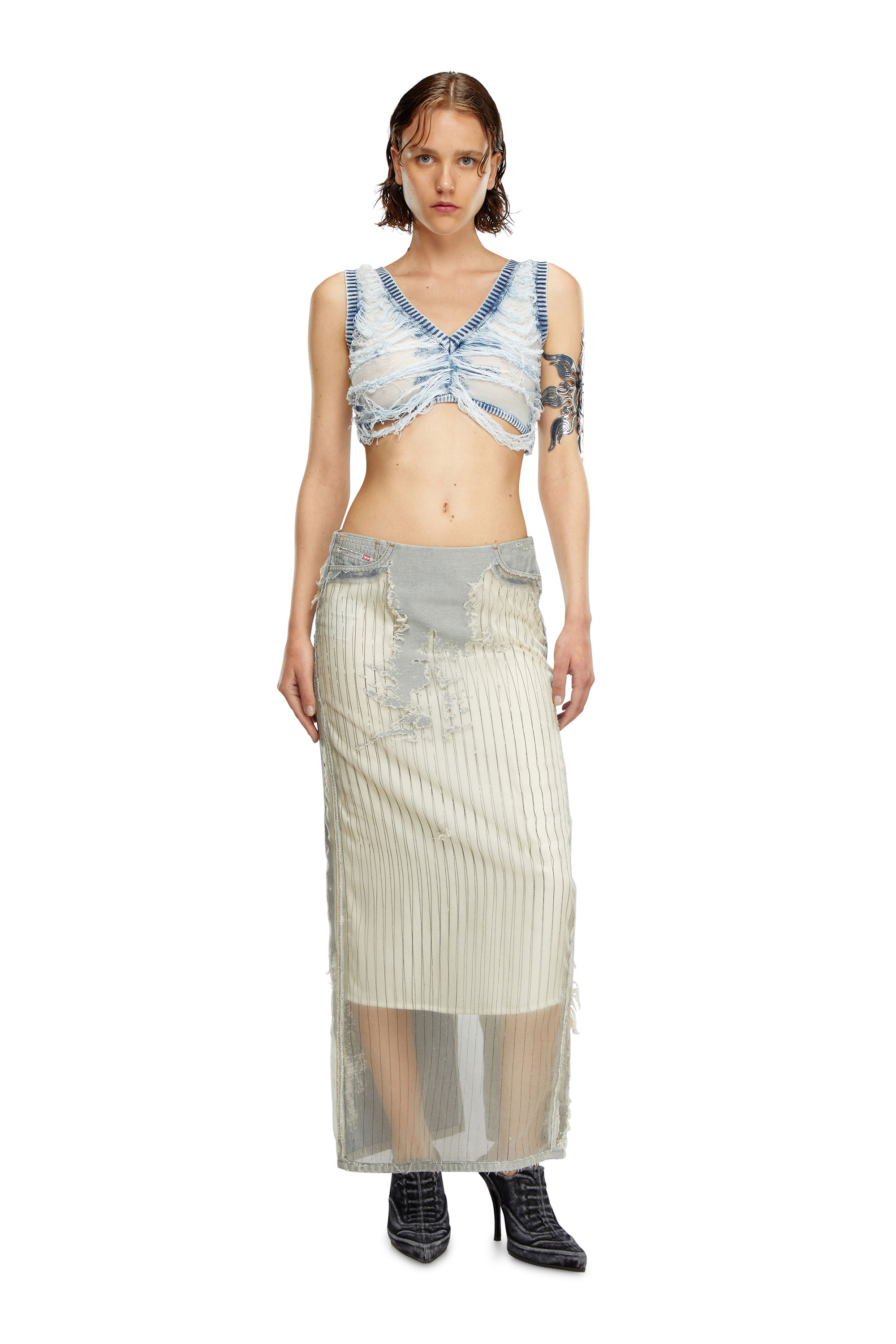 Diesel - DE-PIGO-FSE, Woman's Long skirt in pinstriped devoré denim in White - 2