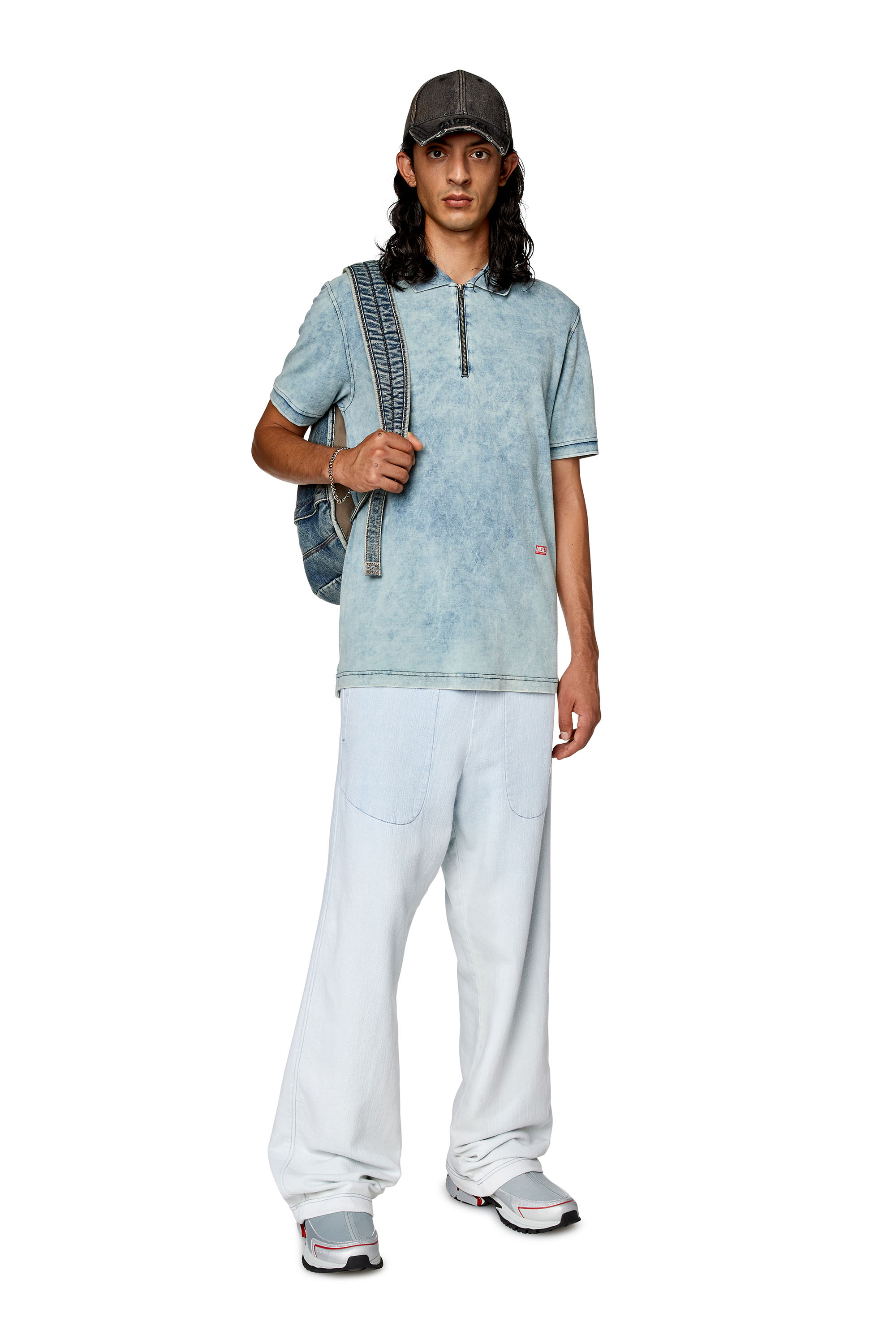 Diesel - T-SMITH-ZIP, Man's Polo shirt in faded piqué in Light Blue - 2