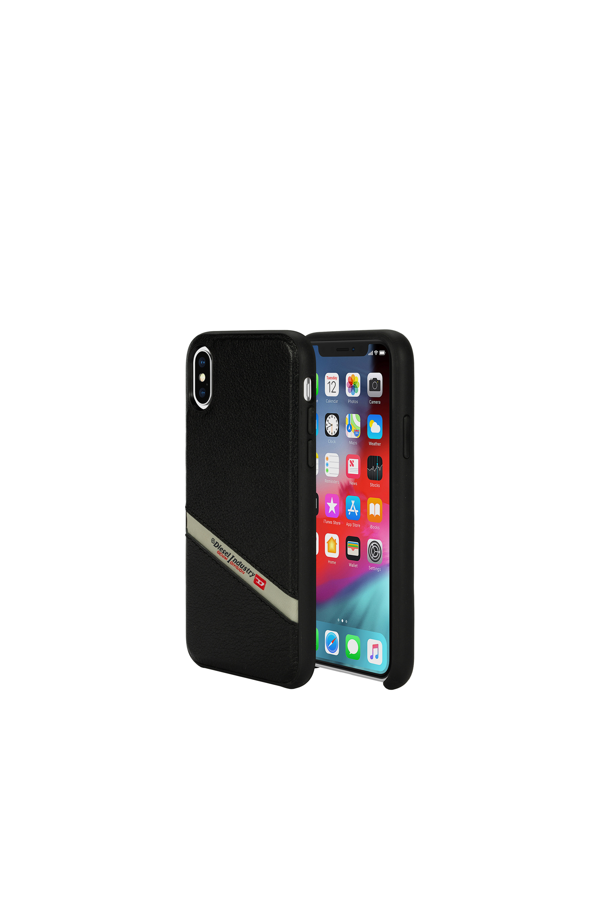 Diesel - DIESEL LEATHER CO-MOLD CASE FOR IPHONE XS & IPHONE X, Unisex's Black leather diagonal logo case, iPhone XS & iPhone X in Black - 1