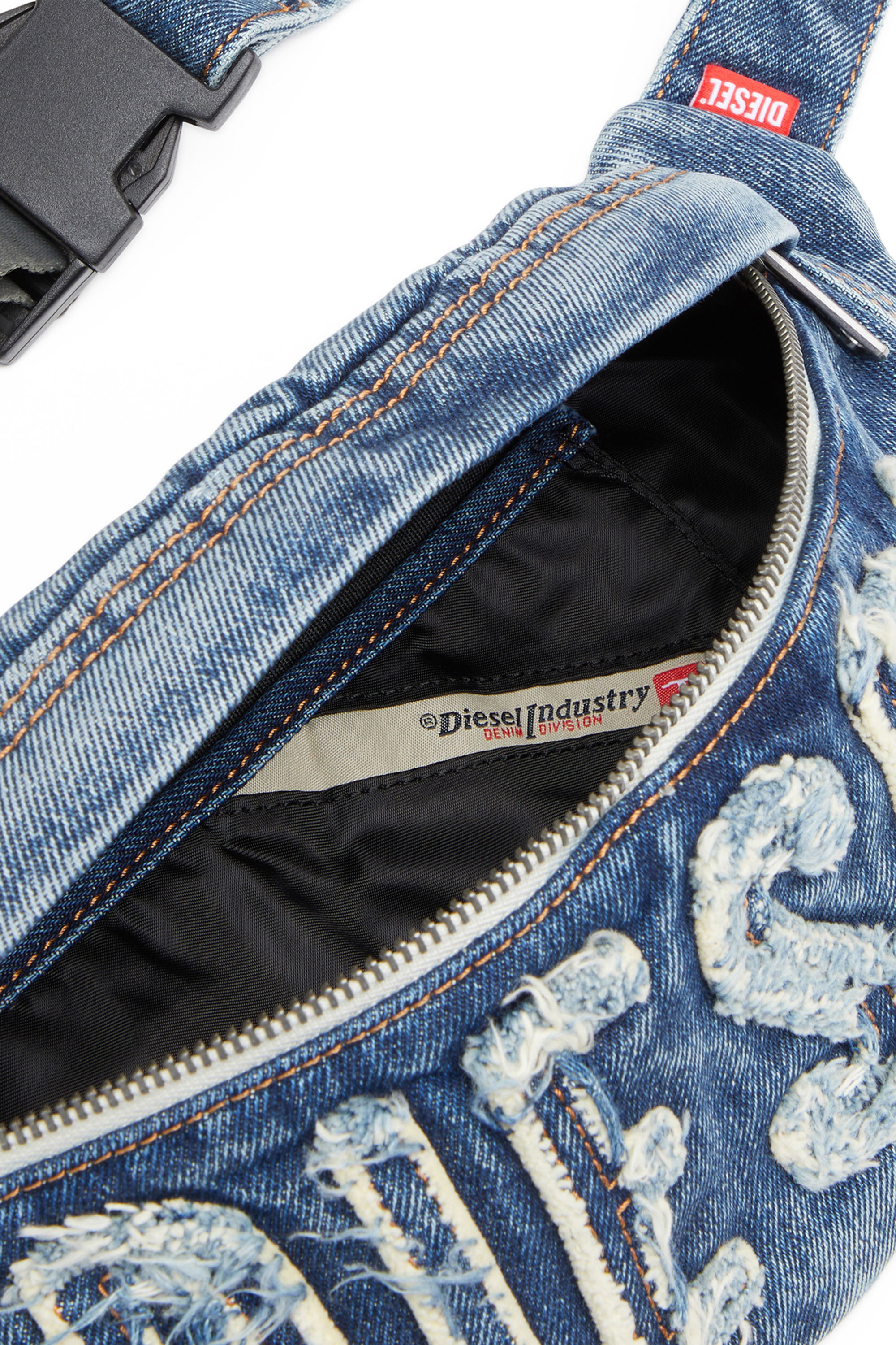 Diesel - RAVE BELTBAG, Man's Rave Beltbag - Denim belt bag with frayed logo in Blue - 4