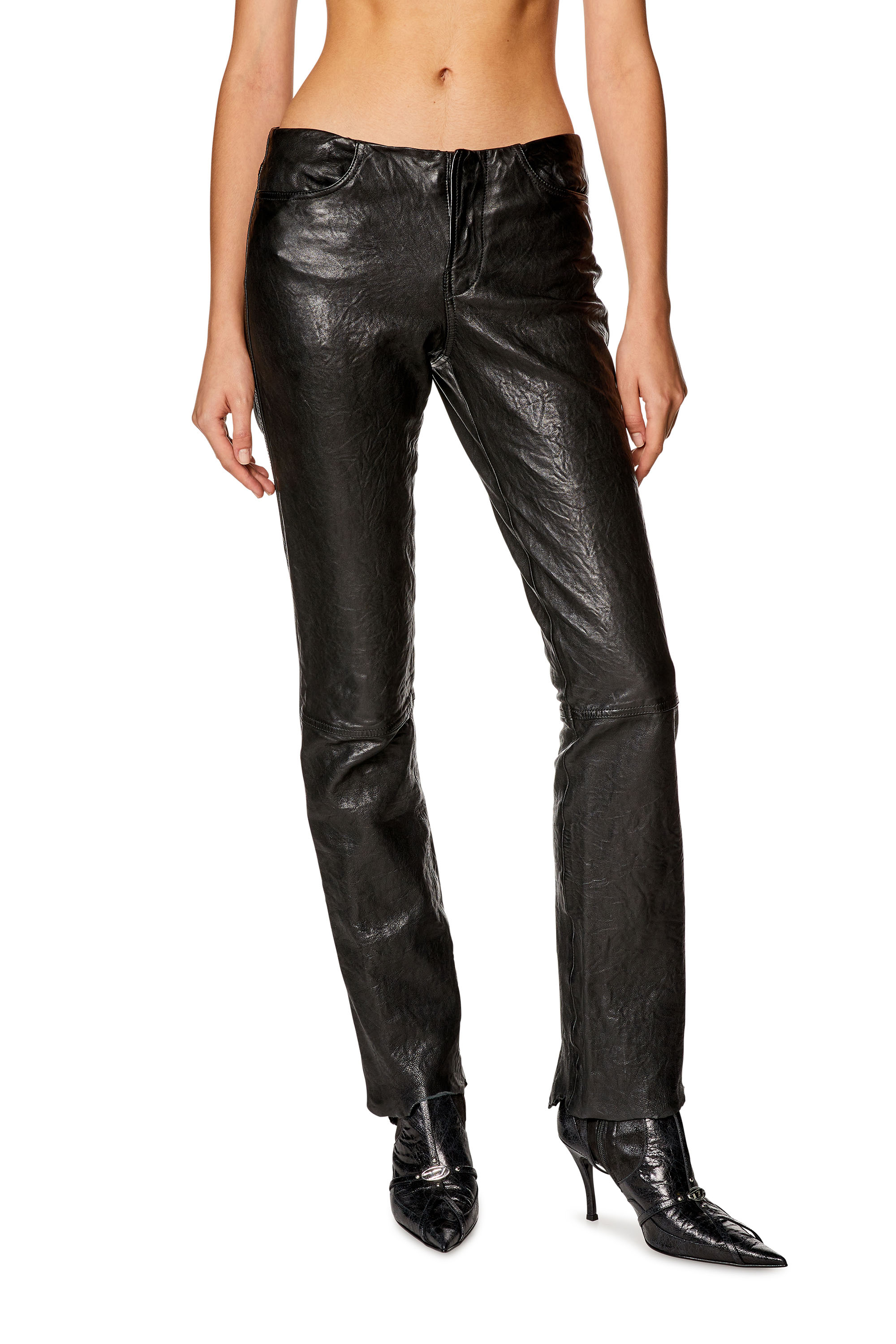 Diesel - L-NETRA, Woman's Pants in shiny wrinkled leather in Black - 1