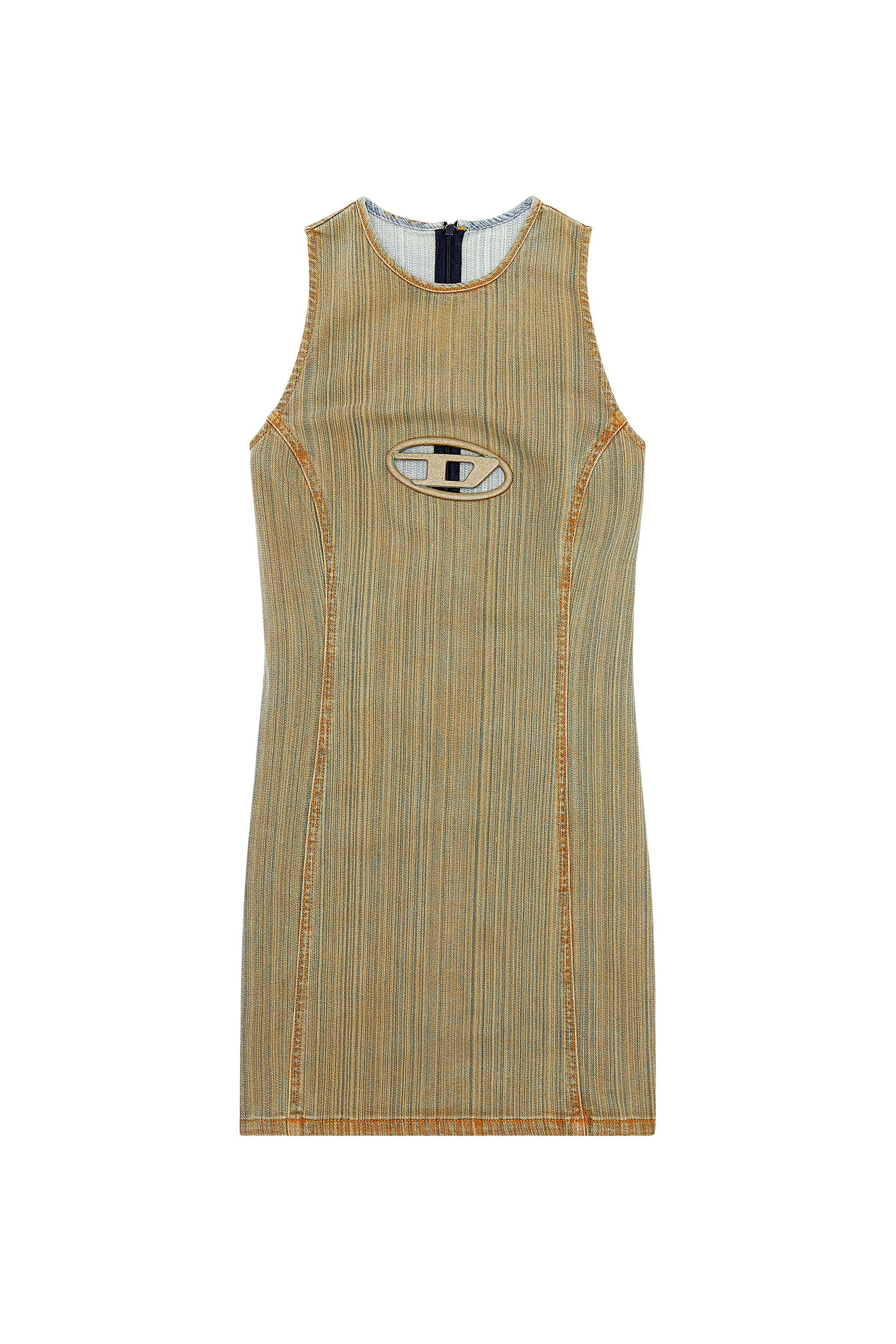 Diesel - DE-FERRIZ-FSD, Woman's Denim mini dress with plaque in Blue/Beige - 2