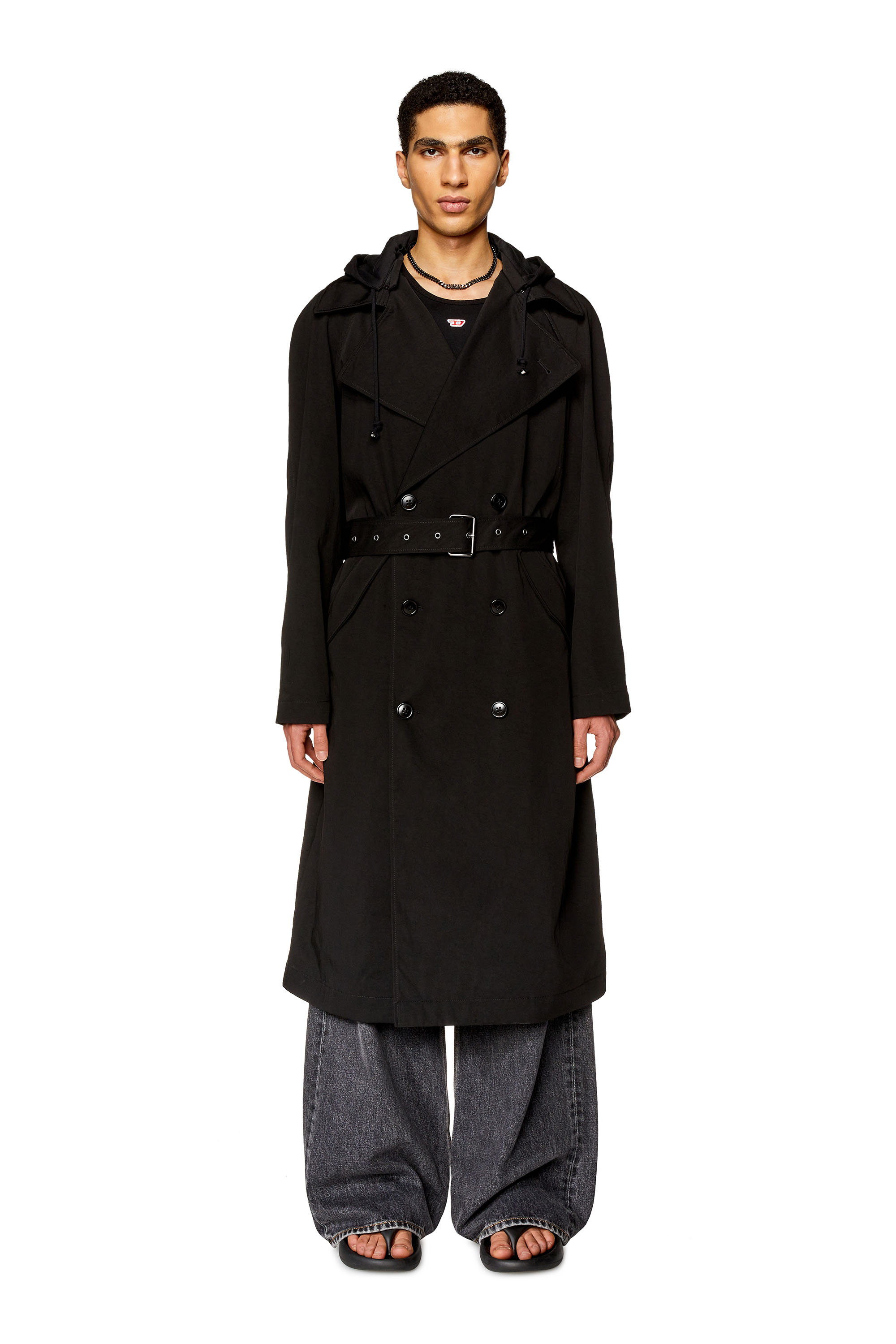 Diesel - J-MATTHEW, Man's Trench in nylon twill with hood in Black - 2
