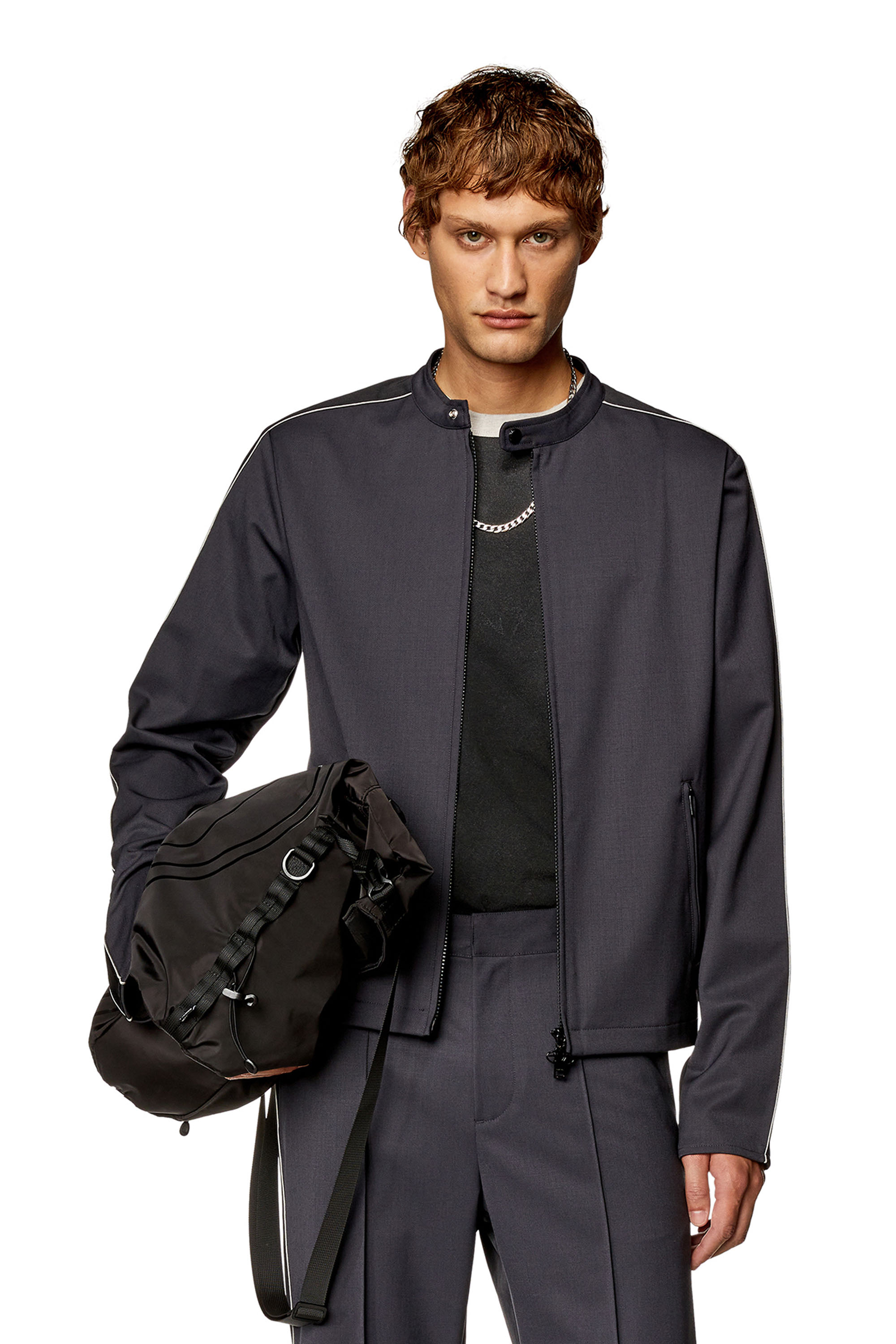 Diesel - J-DEVLIN, Man's Biker jacket in cool wool and tech jersey in Black/Grey - 1