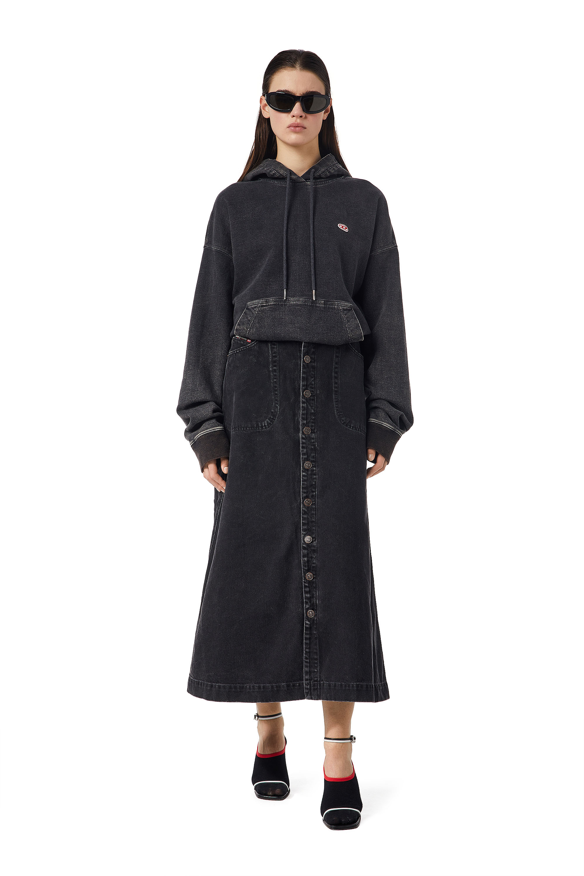 Diesel - DE-ALBUS-L A-LINE LONG SKIRT, Woman's A-line skirt in denim in Black/Dark grey - 2