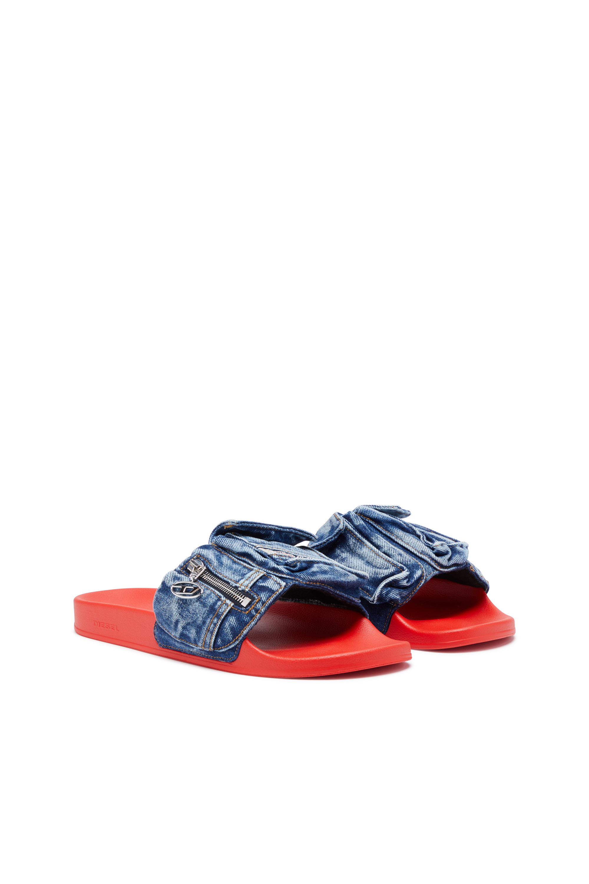 Diesel - SA-MAYEMI PK, Man's Sa-Mayemi PK - Denim pool slides with utility pockets in Blue/Red - 2