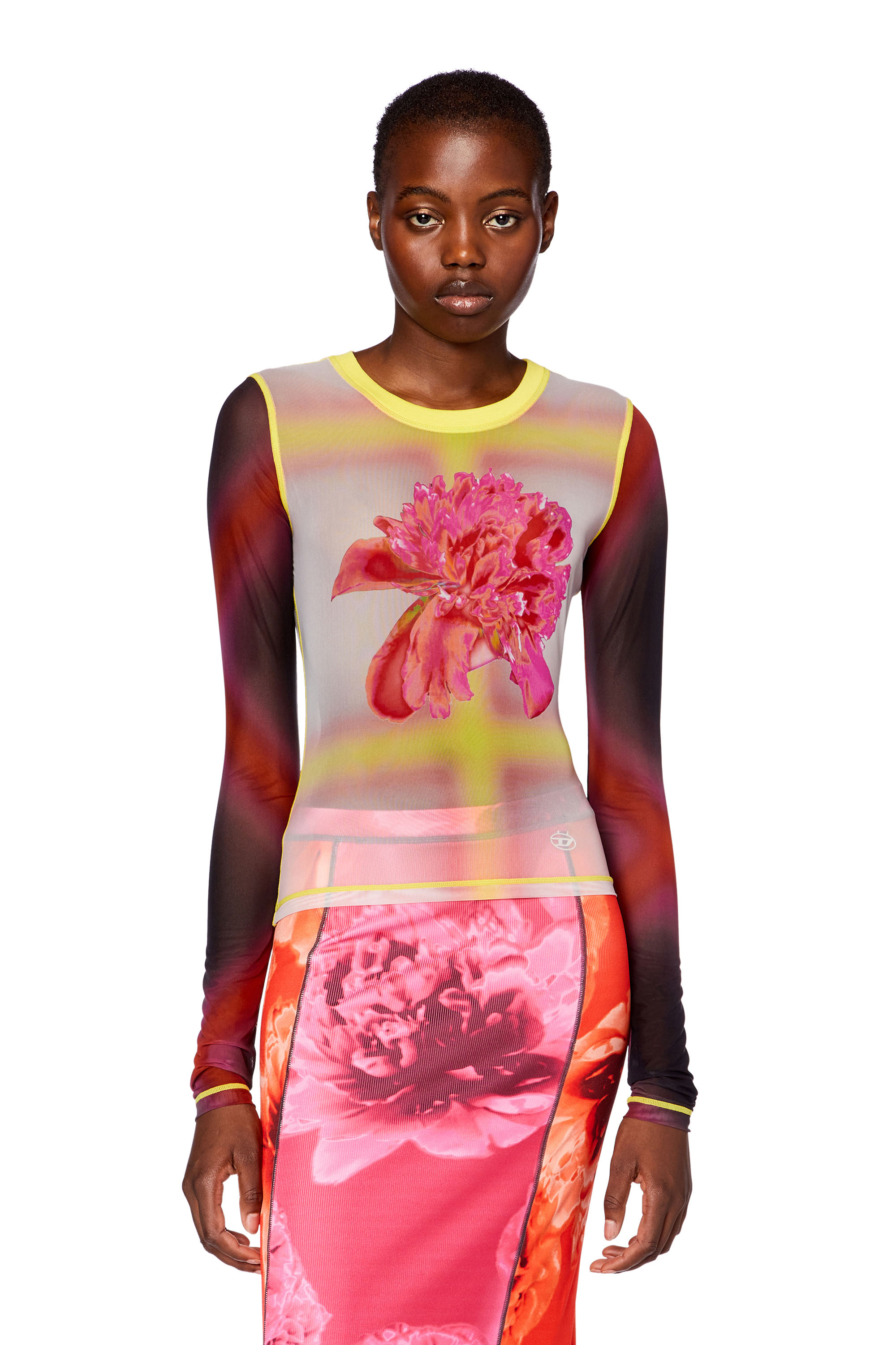 Diesel - T-SIELITO-L1, Woman's Slim-fit mesh top with flower print in Red/Pink - 1