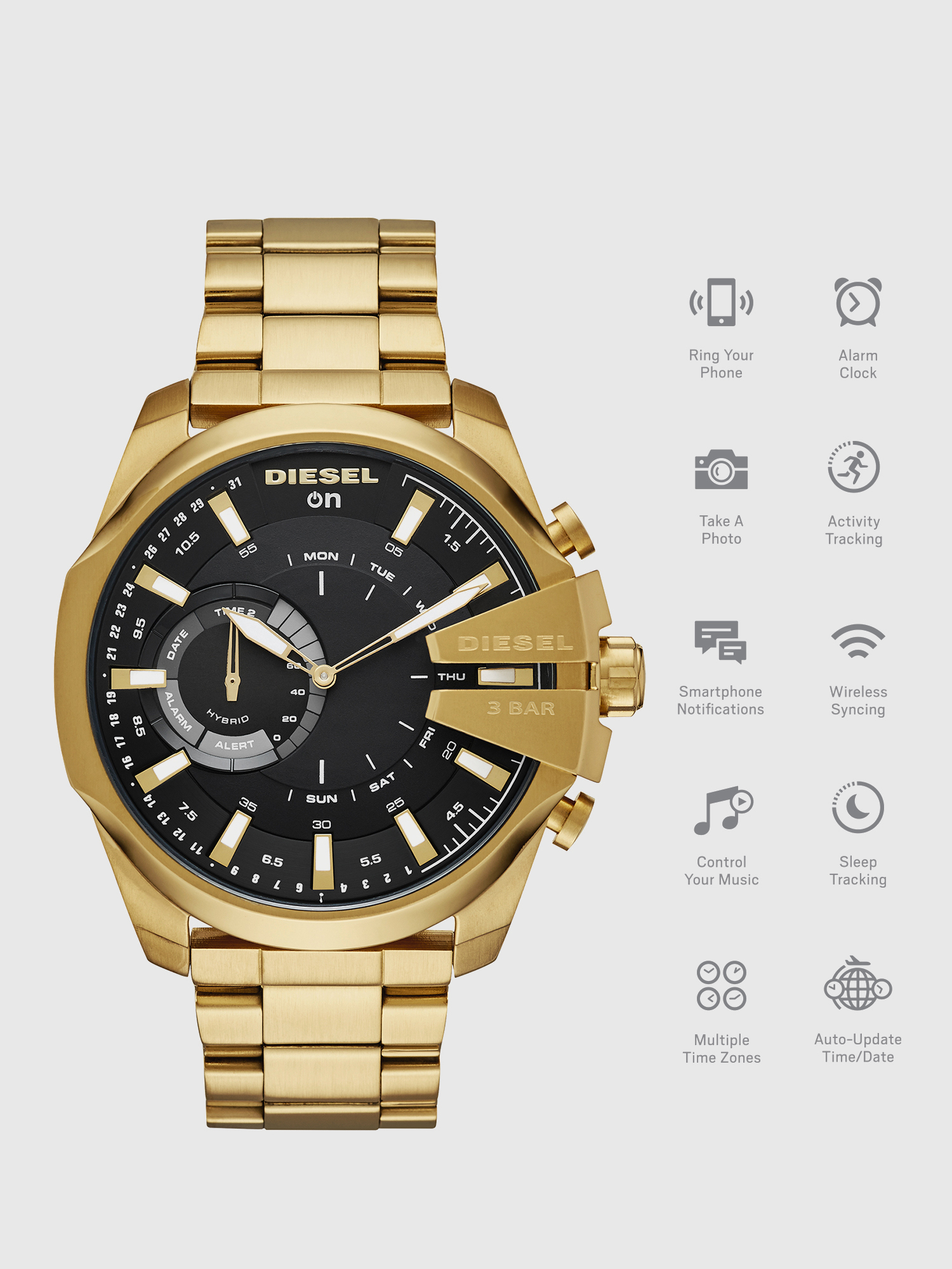 Diesel - DT1013, Man's Mega Chief Hybrid gold-tone hybrid smartwatch, 48 mm in Gold - 1