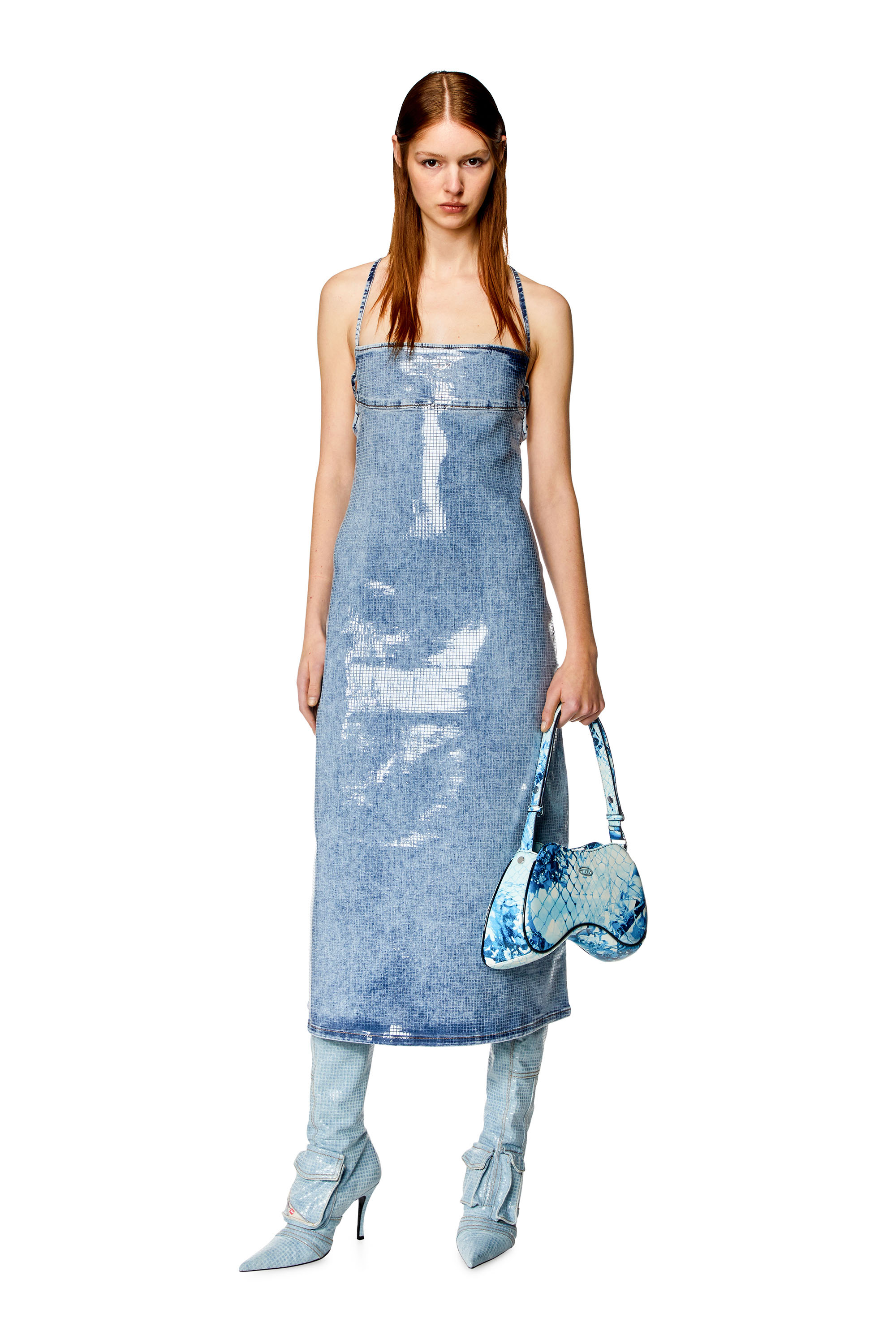 Diesel - DE-HELD-S, Woman's Strappy midi dress in sequin denim in Blue - 1