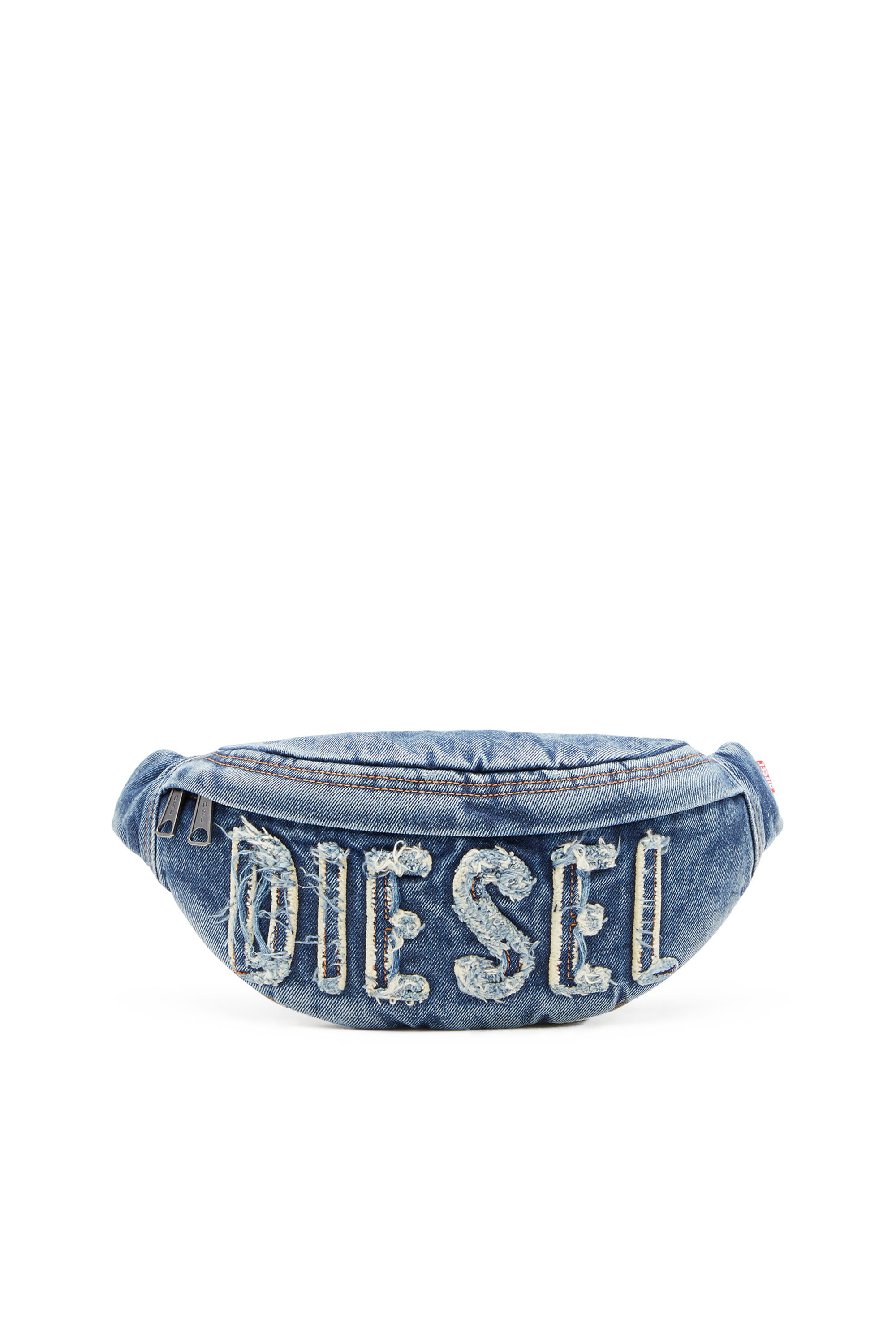 Diesel - RAVE BELTBAG, Man's Rave Beltbag - Denim belt bag with frayed logo in Blue - 1