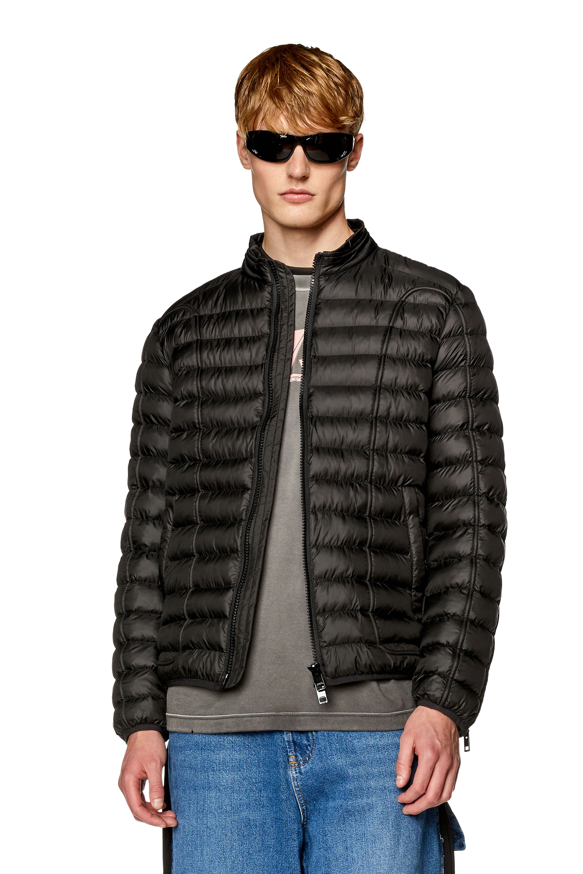 Diesel - W-HAWKYL, Man's Nylon puffer jacket with piping in Black - 1