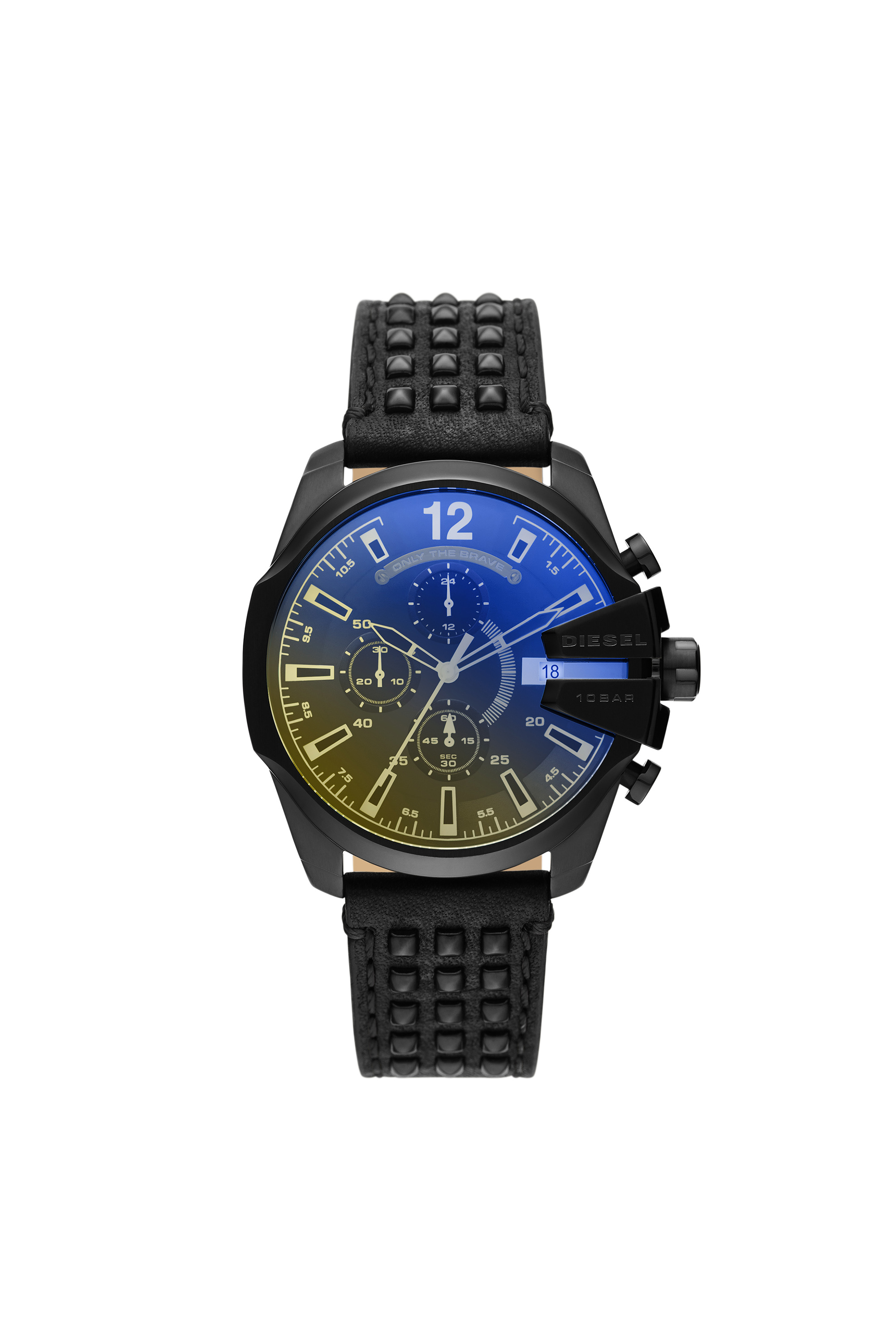 Diesel - DZ4567, Man's Baby Chief chronograph black leather watch in Black/Yellow - 1