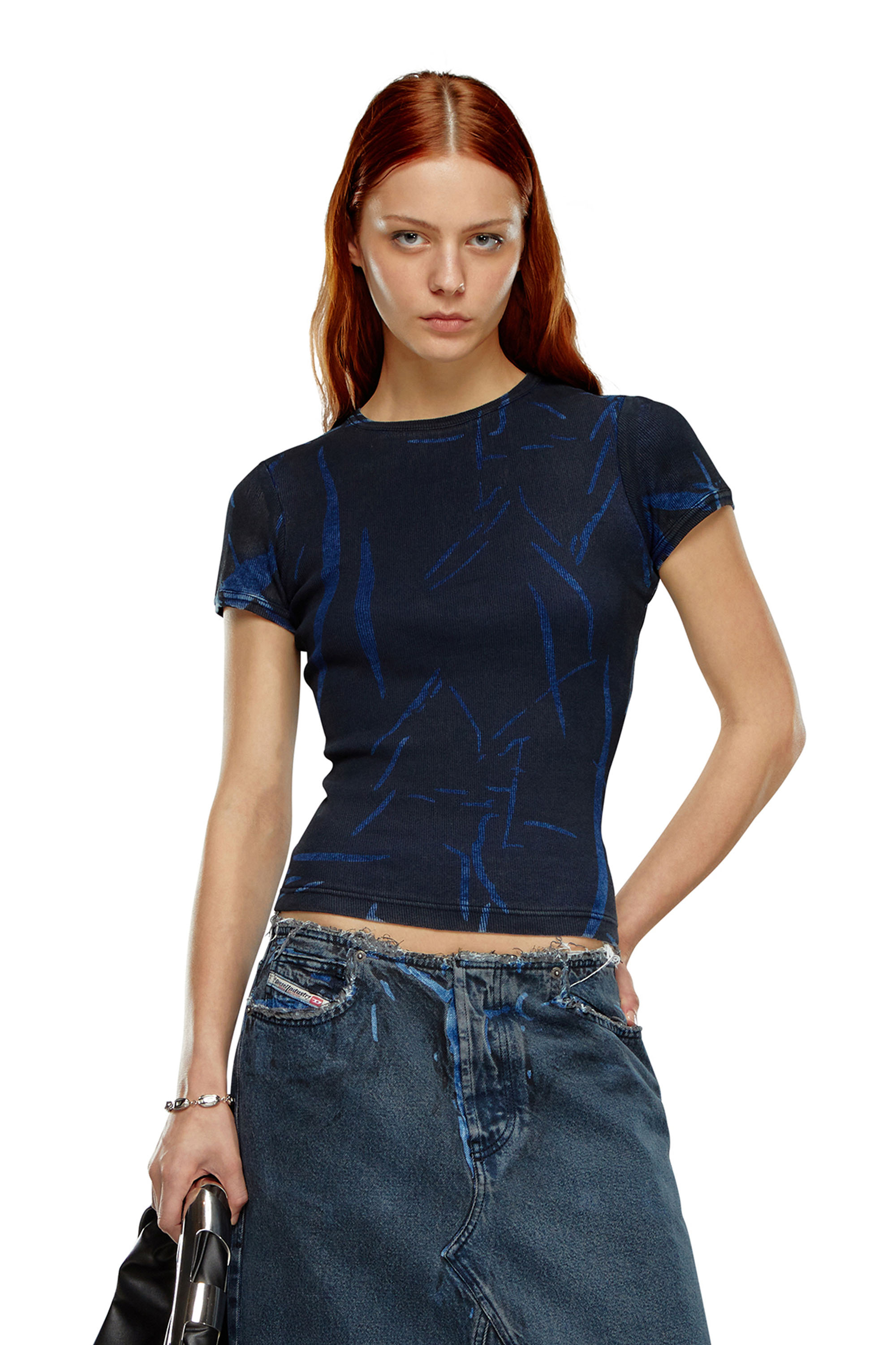 Diesel - DTO-D-DREW, Woman's T-shirt with creased print in Dark Blue - 1