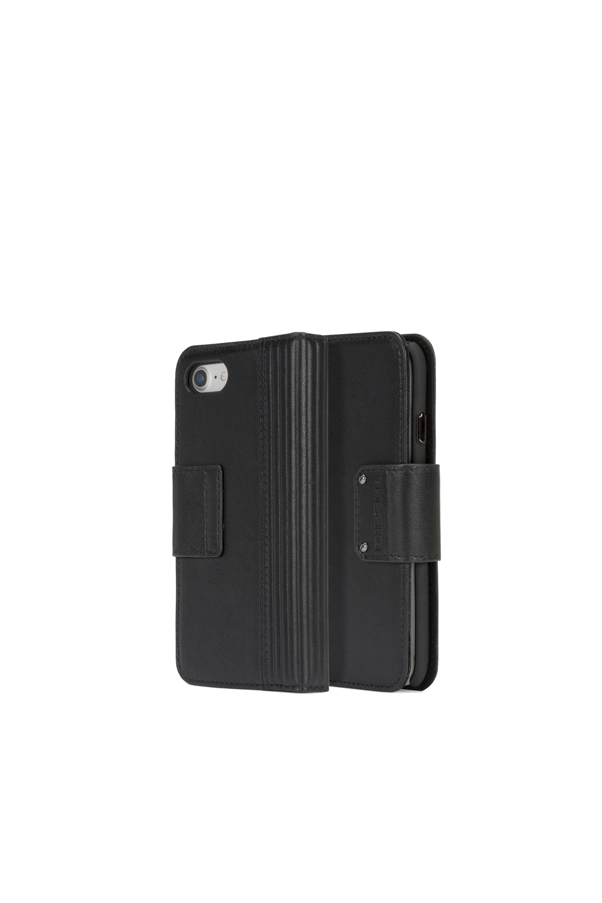 Diesel - BLACK LINED LEATHER IPHONE 8/7 FOLIO, Unisex's Black lined leather folio, iPhone 8/7 in Black - 1