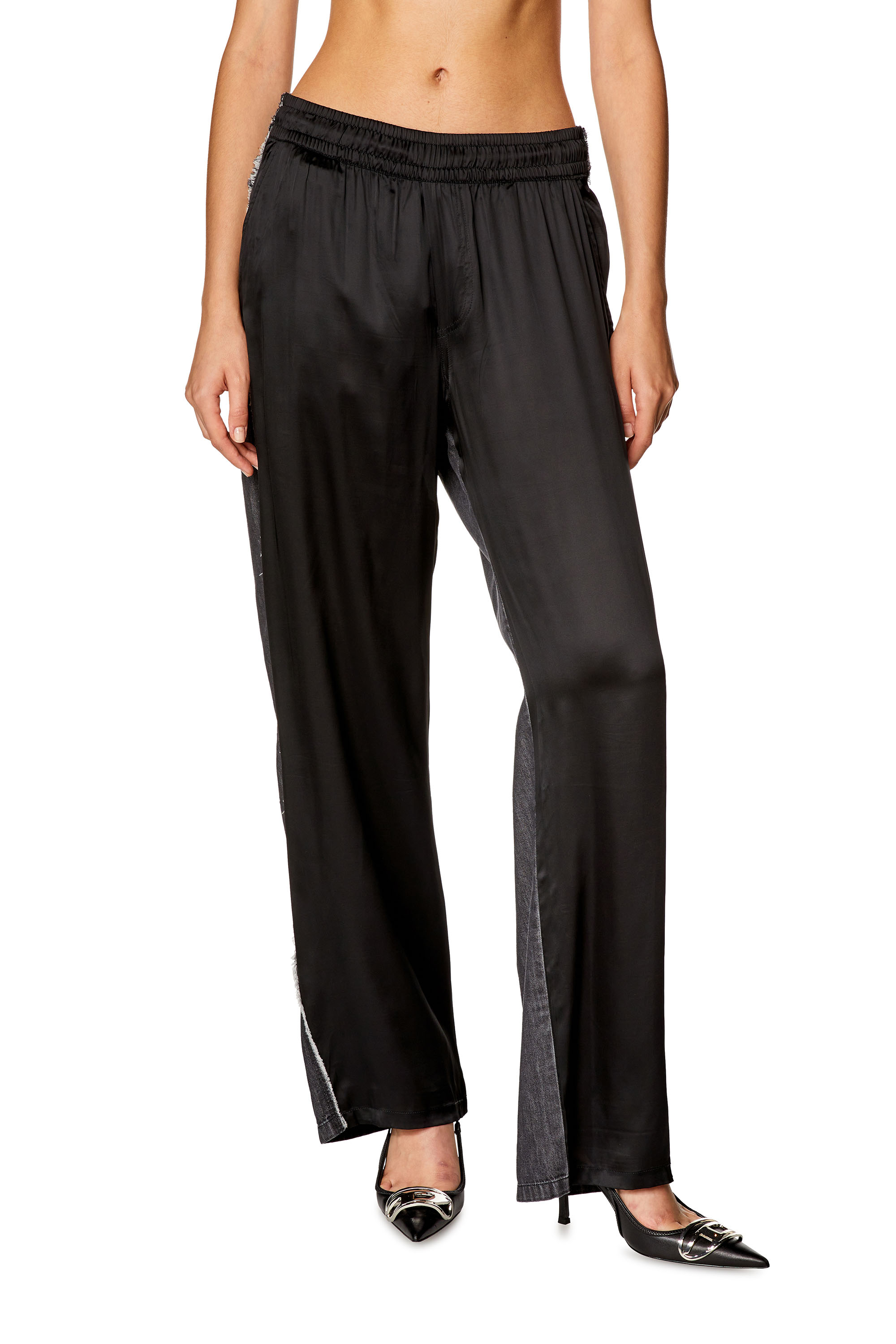 Diesel - P-FERN-DNM, Woman's Hybrid pants in satin and denim in Black - 1