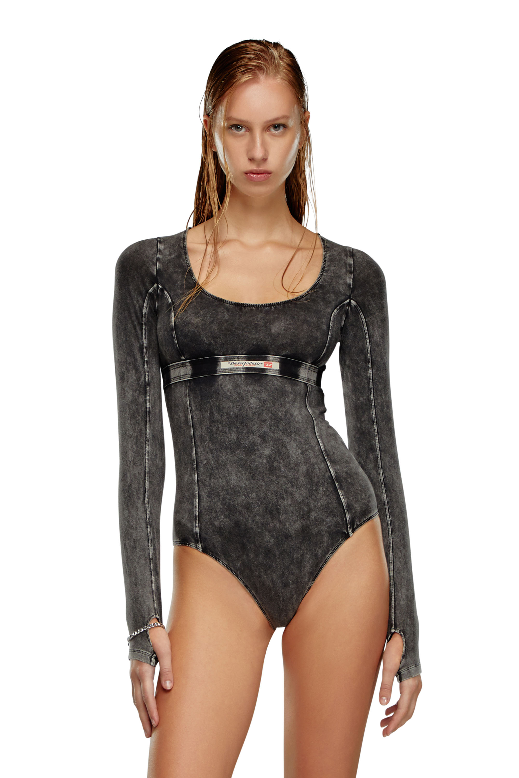 Diesel - UFBY-NIKLA, Woman's Long-sleeve bodysuit in denim-effect jersey in Black - 1
