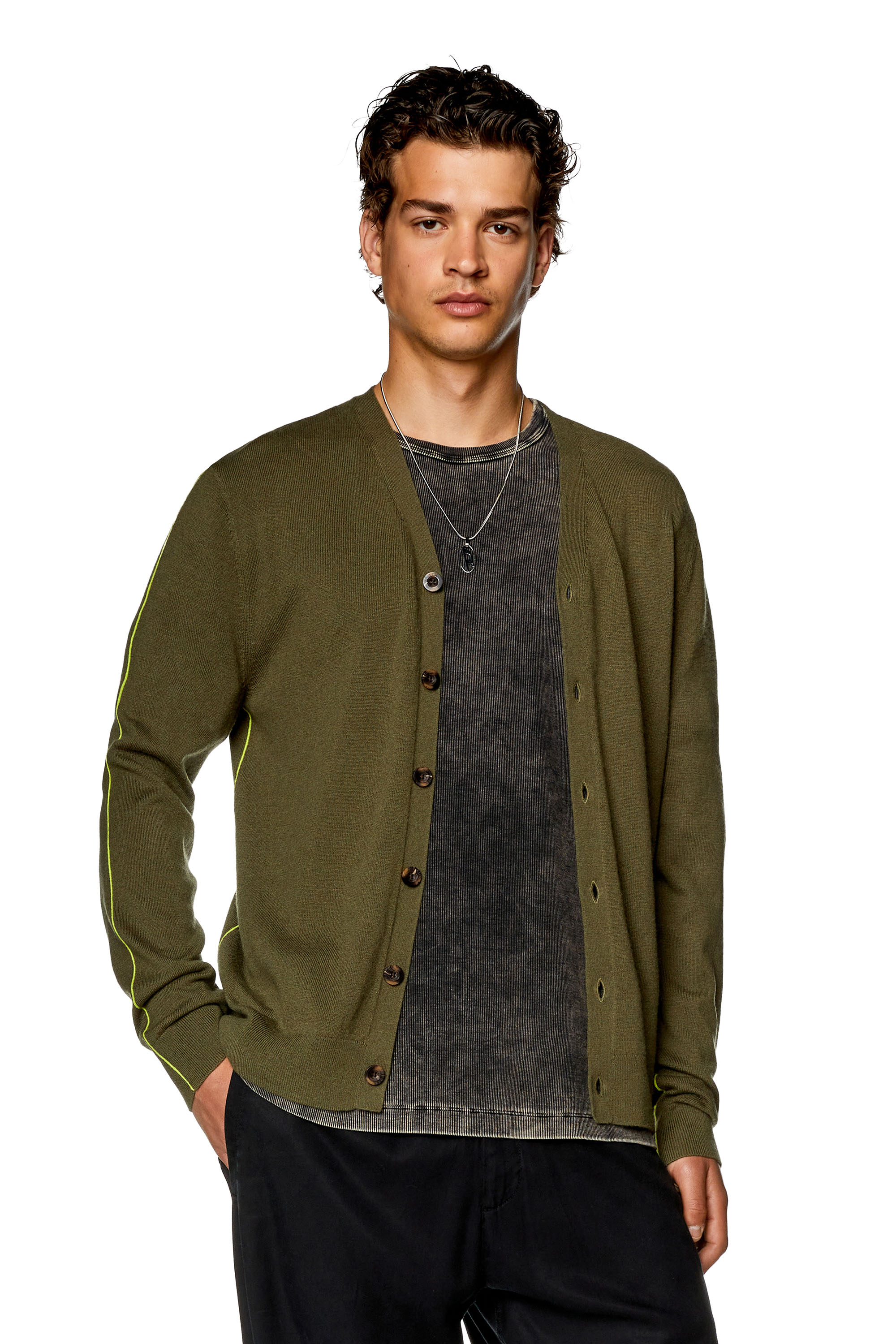 Diesel - K-ZANTE, Man's Cardigan with contrast piping in Olive Green - 1