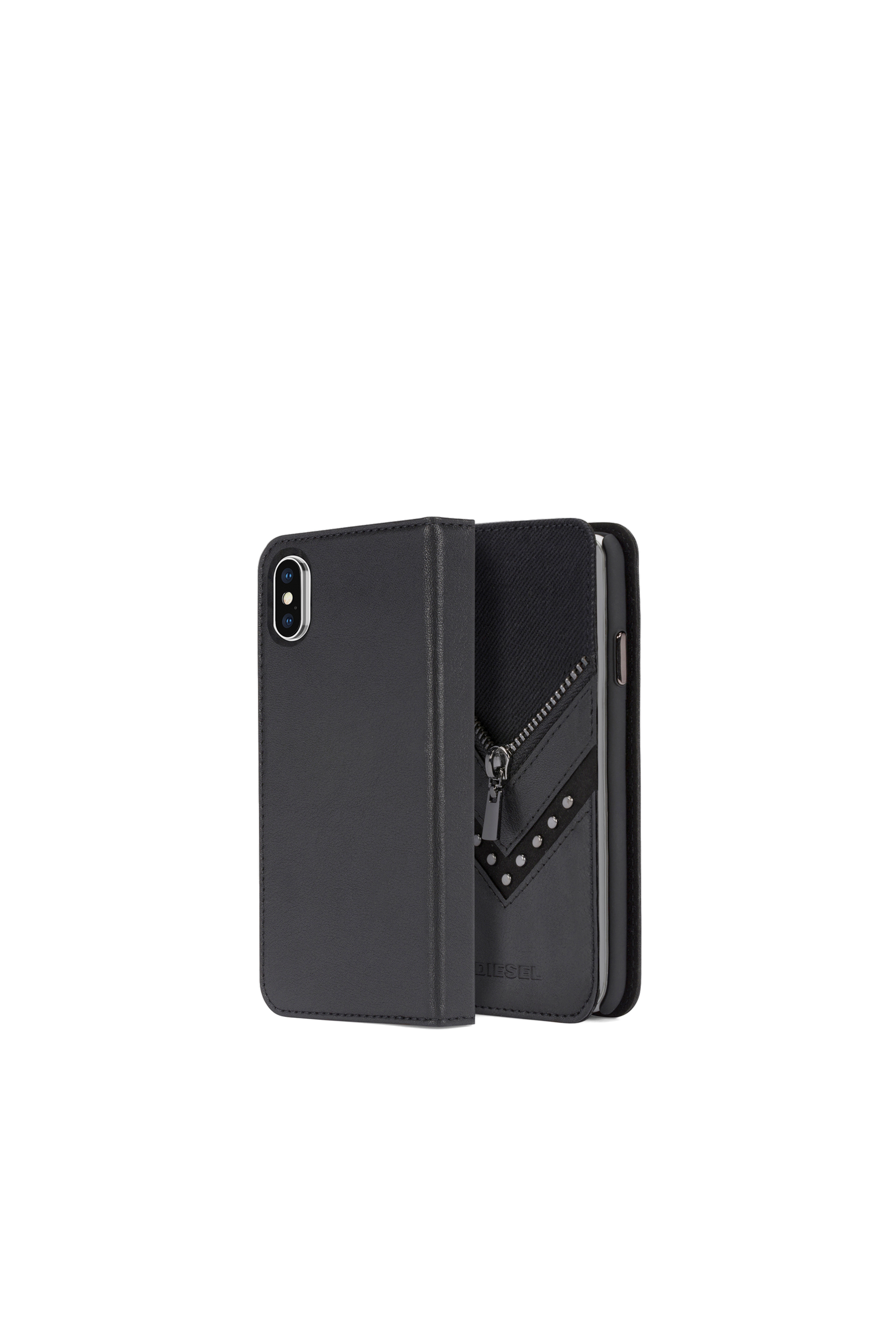 Diesel - BLACK DENIM/STUD/ZIPPER IPHONE X FOLIO, Unisex's Black denim folio with details, iPhone X in Black - 1