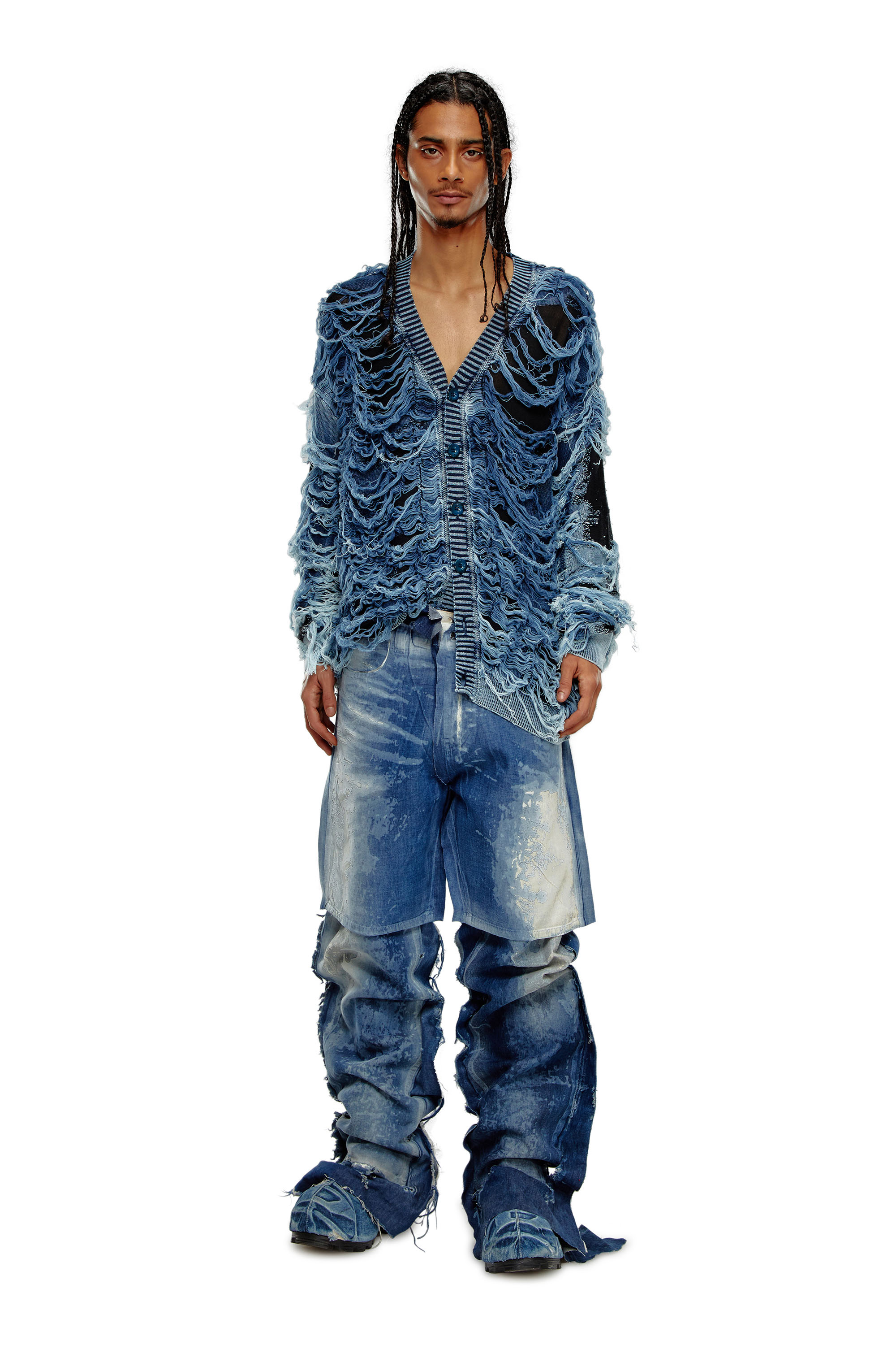 Diesel - K-BOBOLI, Man's Destroyed indigo V-neck cardigan in Black/Blue - 2