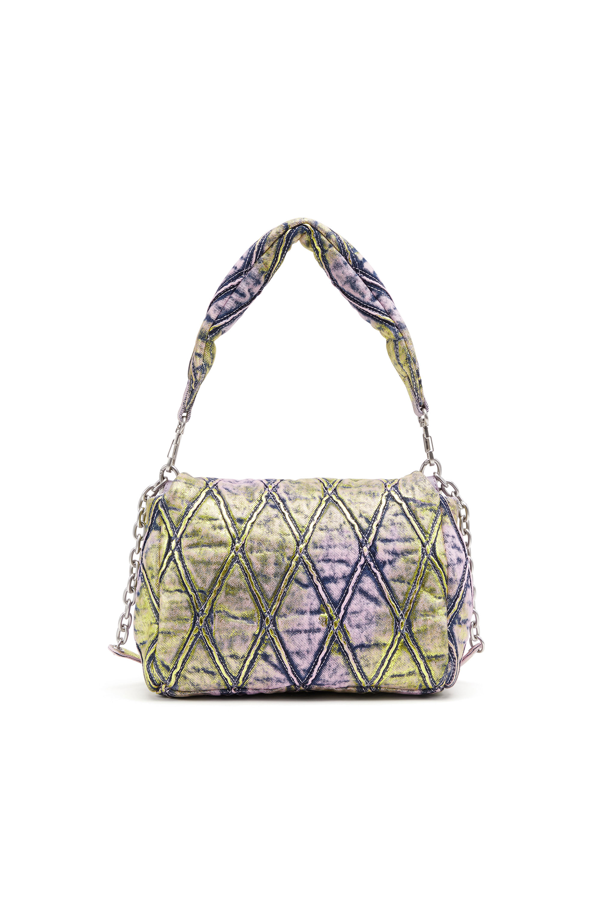 Diesel - CHARM-D SHOULDER M, Woman's Charm-D M-Shoulder bag in shimmering quilted denim in Pink/Yellow - 2