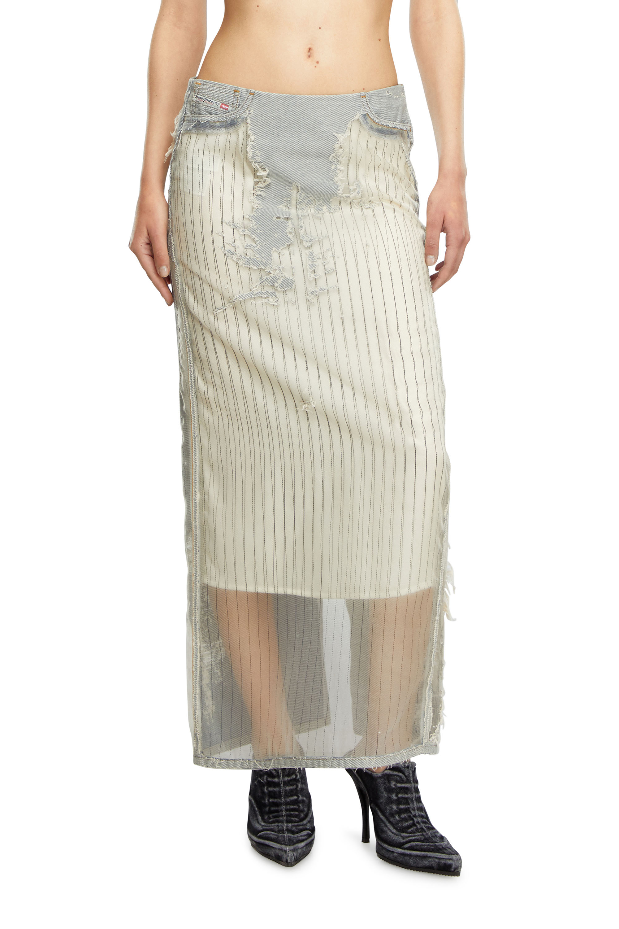 Diesel - DE-PIGO-FSE, Woman's Long skirt in pinstriped devoré denim in White - 1