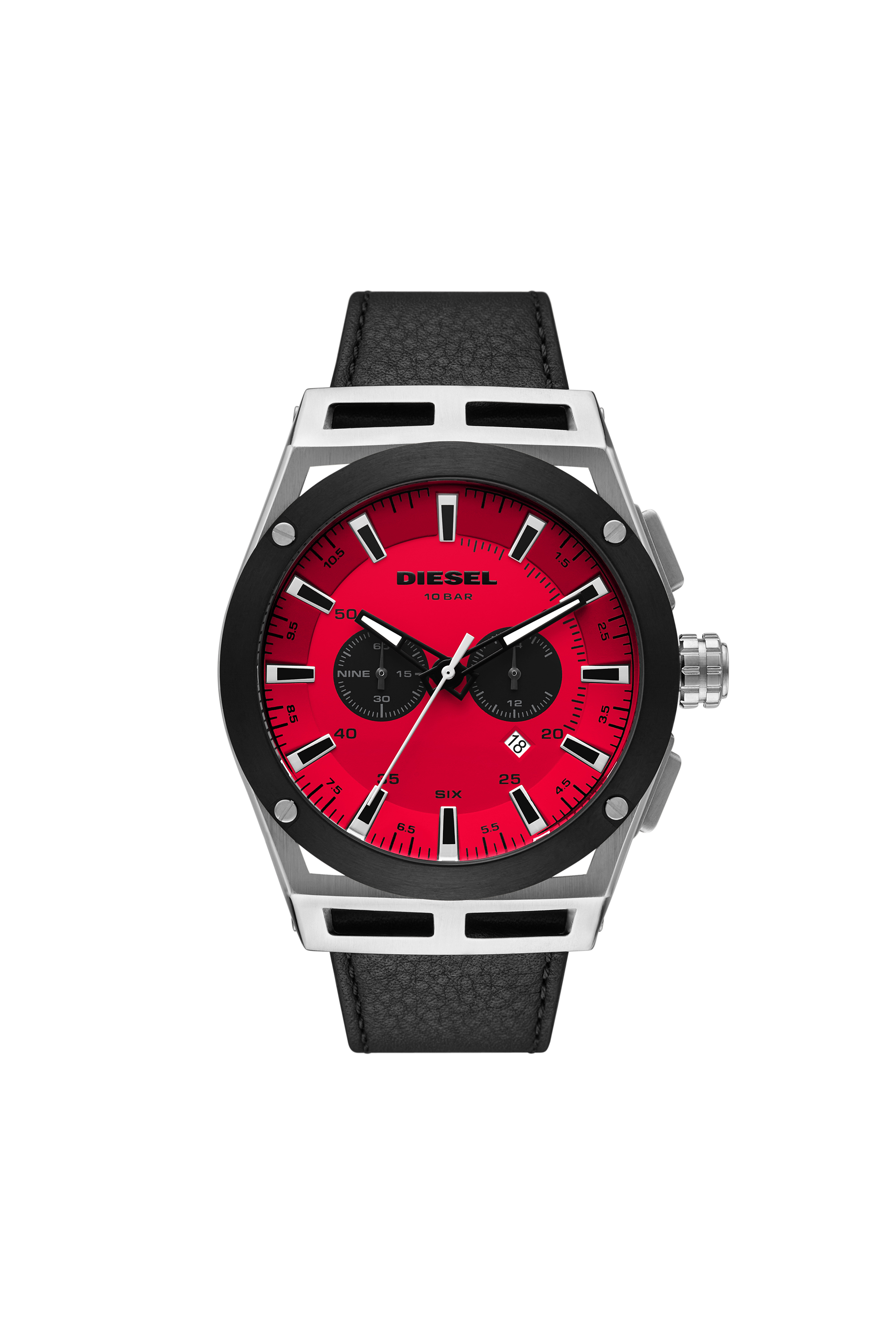 Diesel - DZ4591, Man's Timeframe chronograph black Leather watch in Black/Red - 1