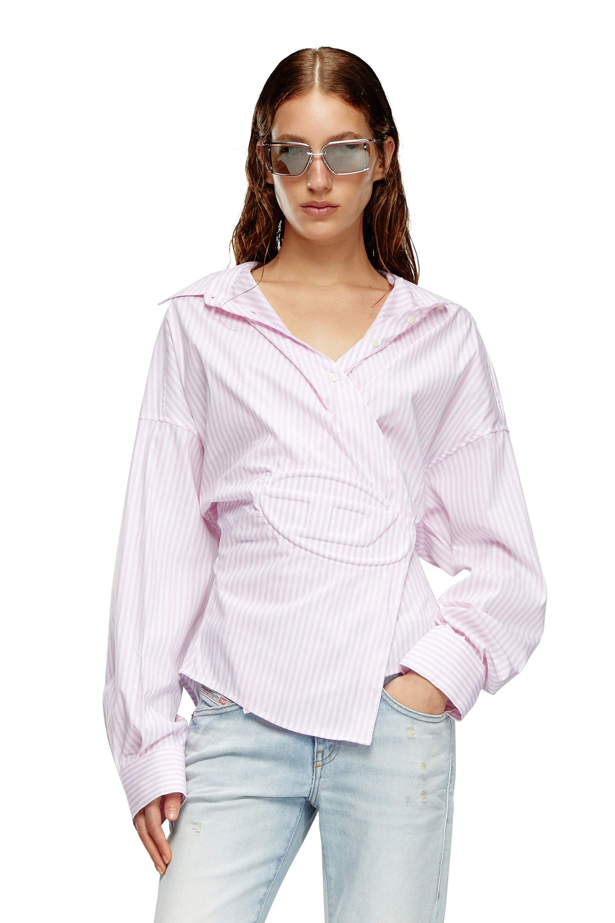 Diesel - C-SIZ-N2, Woman's Striped wrap shirt with embossed logo in Face Powder - 1