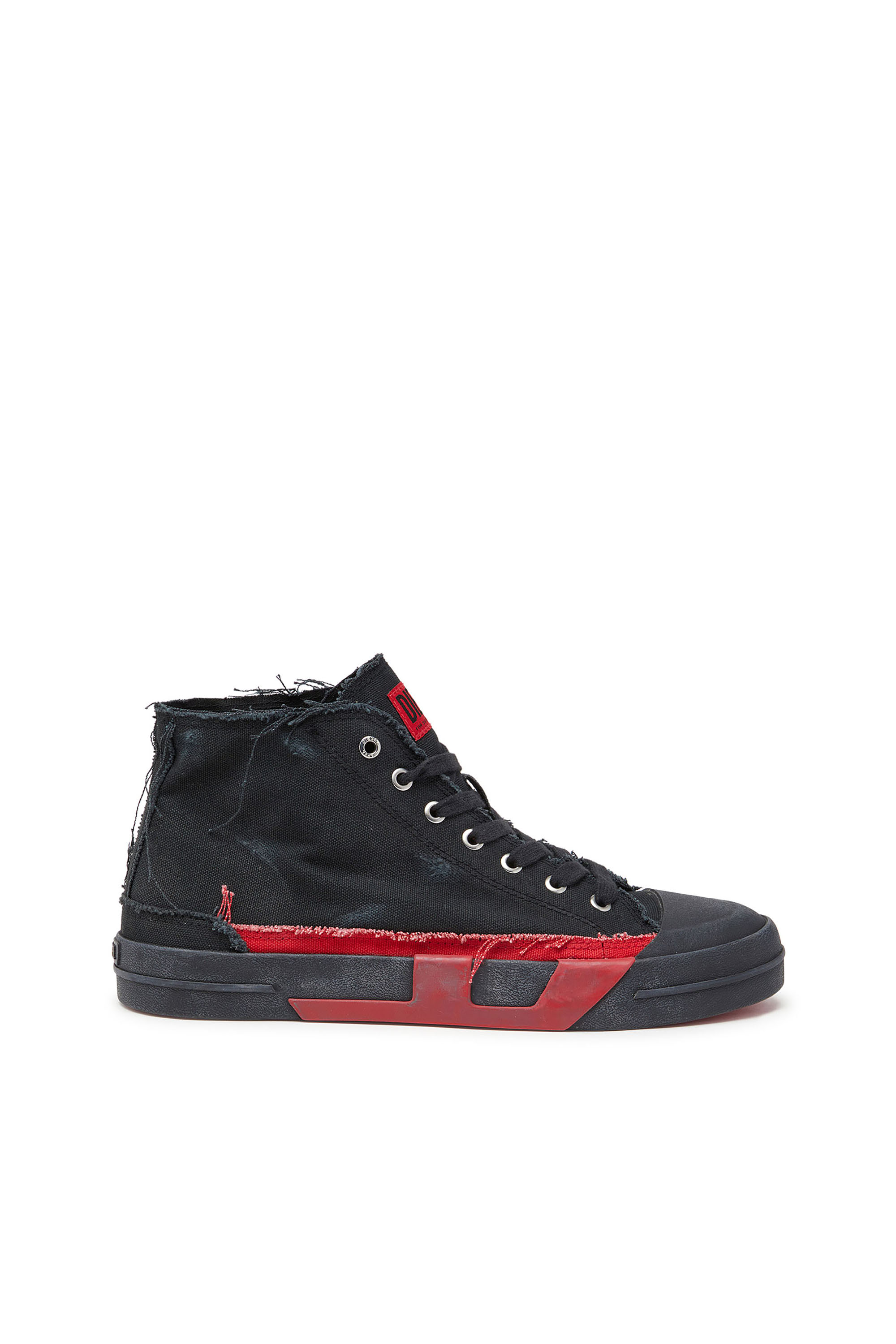 Diesel - S-D-VERSE MID II, Man's Distressed high-top sneakers in canvas in Black/Red - 1